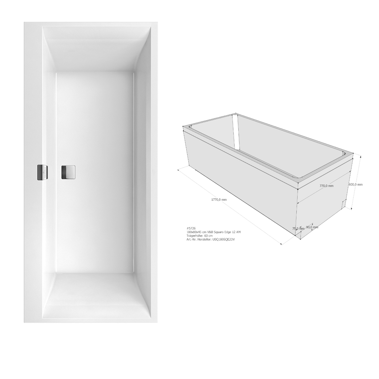 Villeroy & Boch Badewanne inkl. Wannenträger, Ab-& Überlaufgarnitur „Squaro Edge 12“ rechteck 180 × 80 cm Villeroy & Boch Badewanne inkl. Wannenträger, Ab-& Überlaufgarnitur „Squaro Edge 12“ rechteck 180 × 80 cm