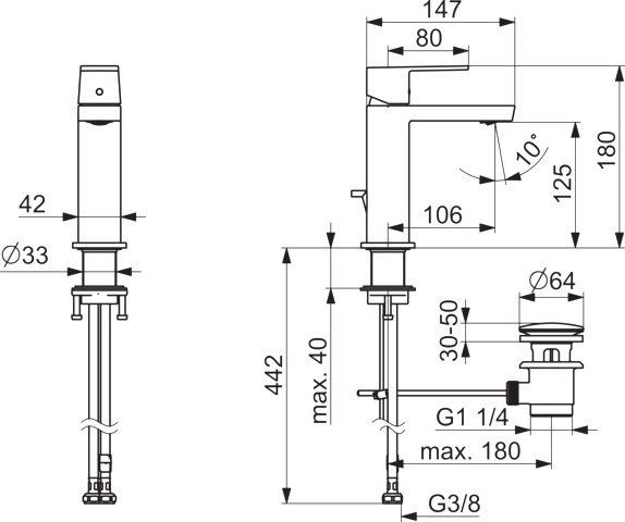 HA Einhebelmischer Waschtischbatterie HANSASTELA 5718 Ablaufgarnitur mit Zugstange Ausladung 174mm Chrom