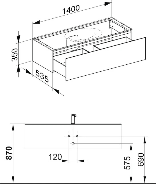 Edition 11 Waschtischunterbau mit Auszug u. Beleuchtung 1400 x 350 x 535 mm weiß/weiß WUB Edition 11 31261, 1 Auszug, Bel., weiß/weiß