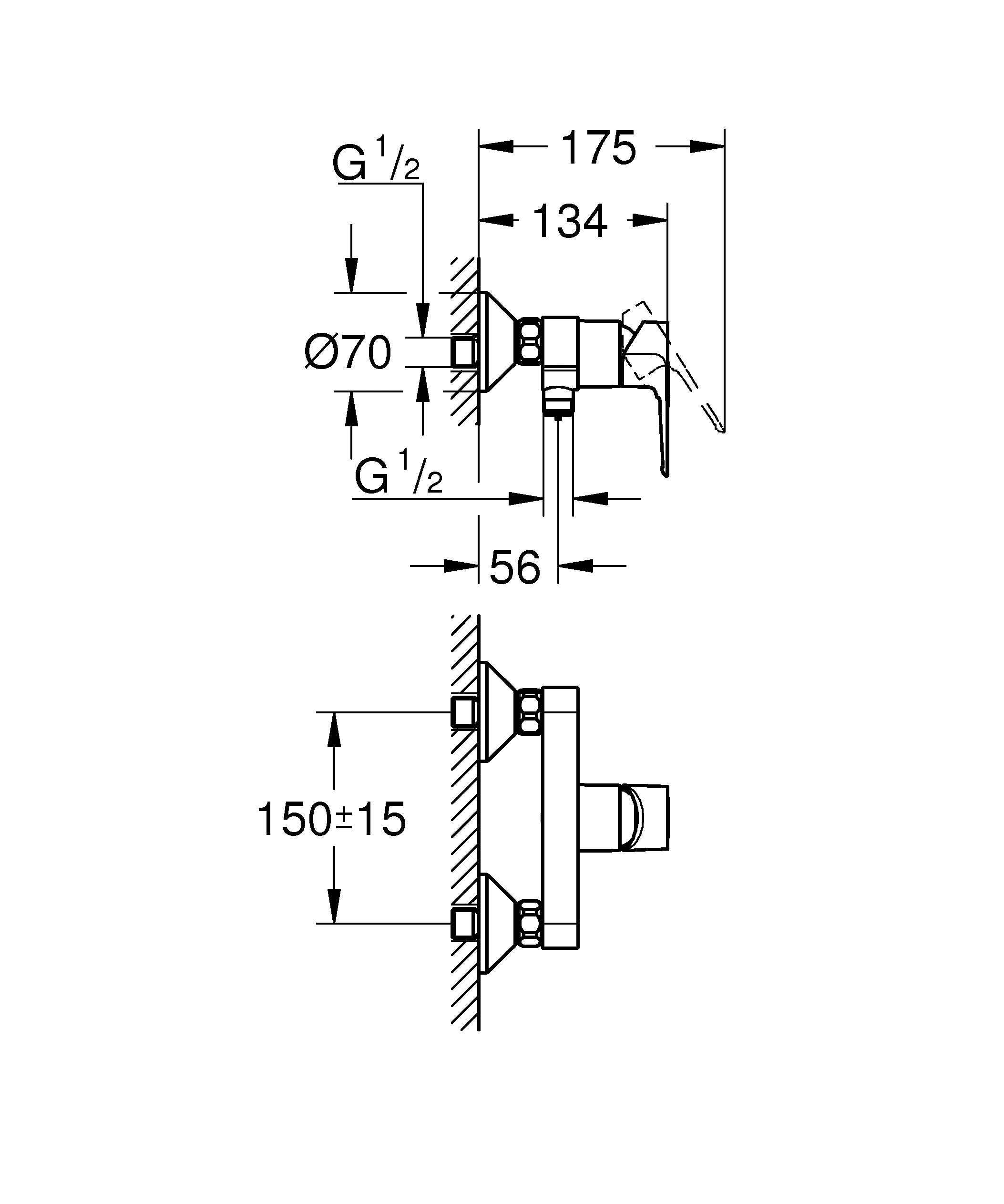 Einhand-Brausebatterie BauLoop 23633_1, Wandmontage, mit Temperaturbegrenzer, S-Anschlüsse, eigensicher, chrom