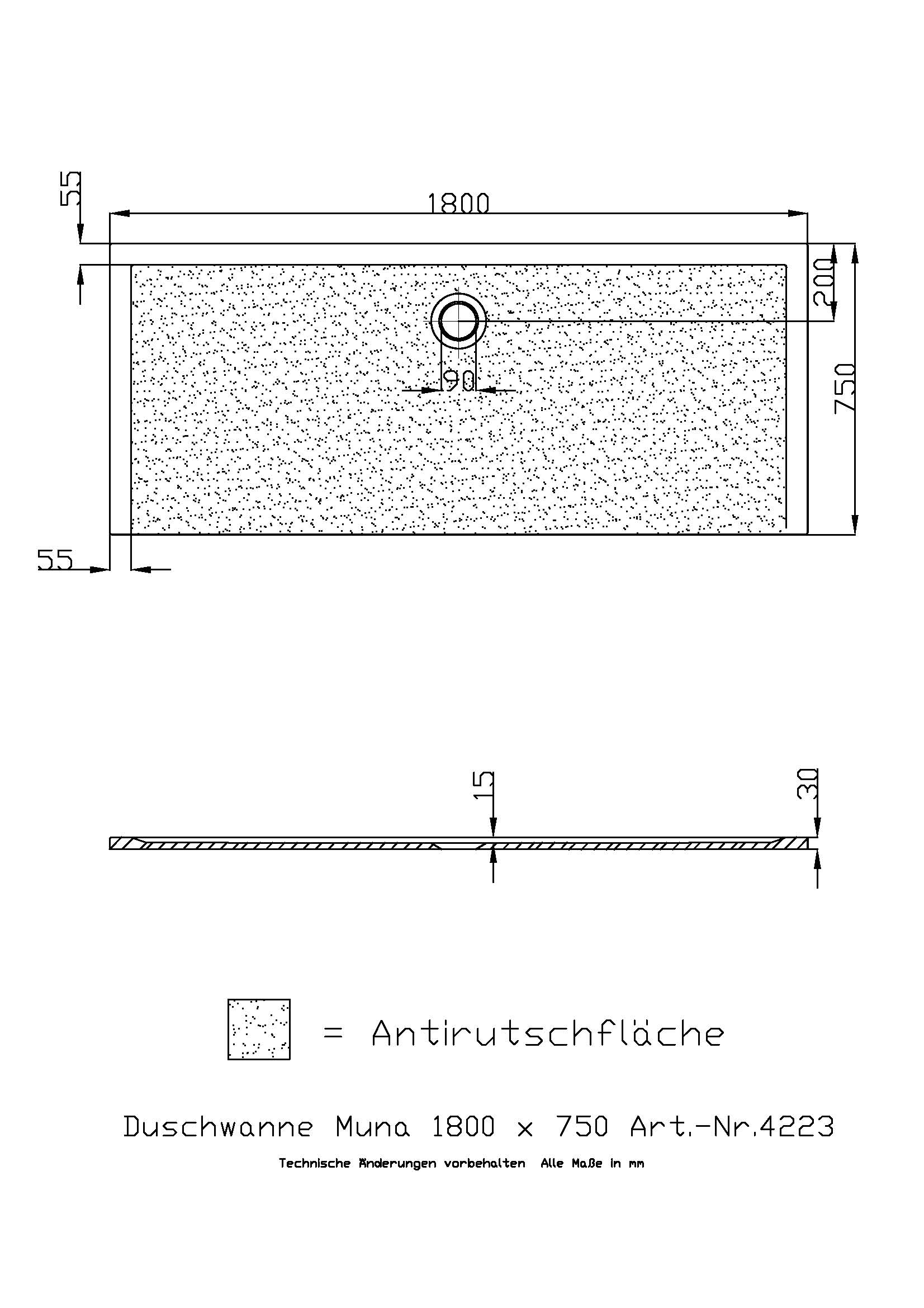 Duschwanne „Muna“ Rechteck 180 × 75 cm in Weiß