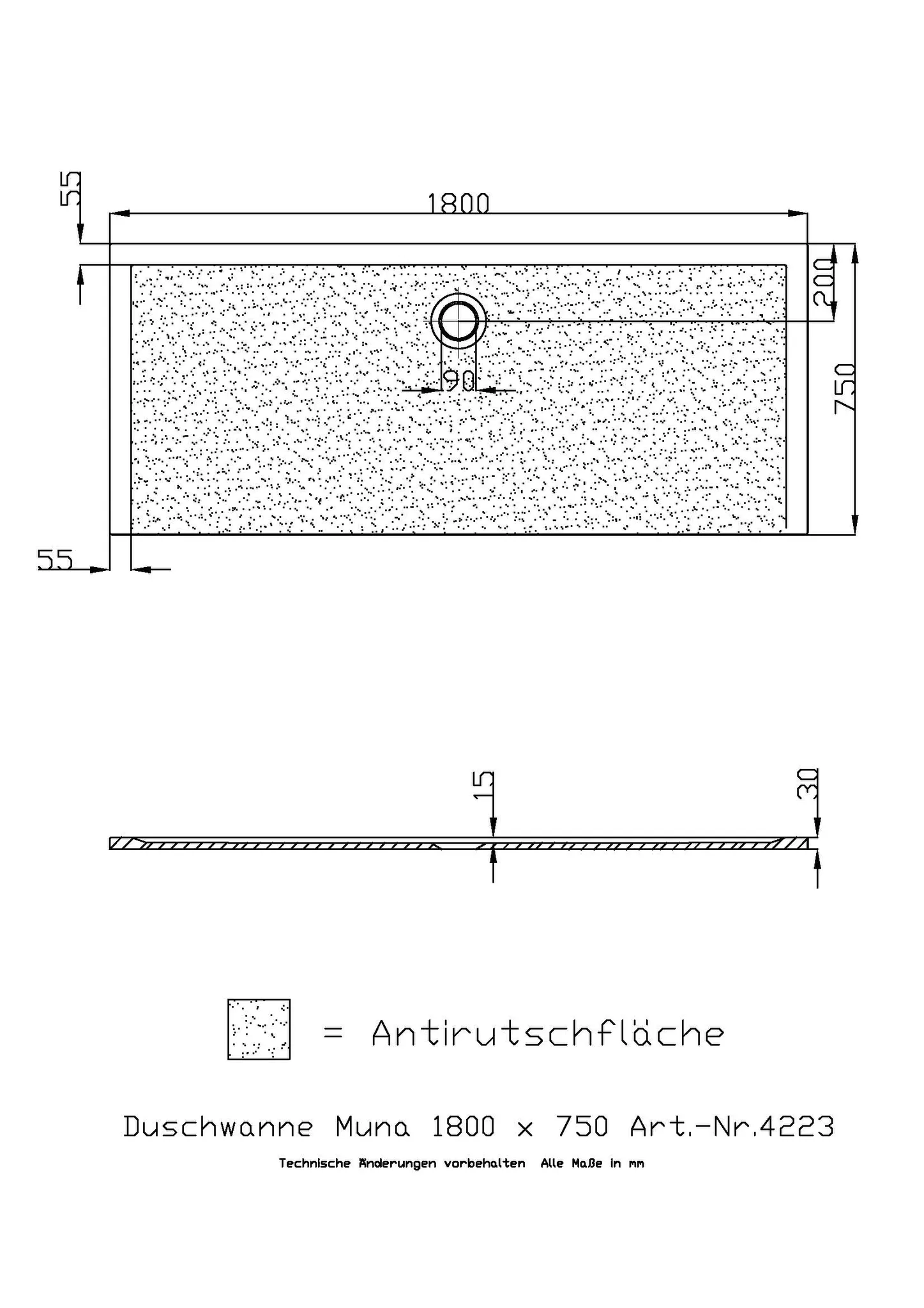 Duschwanne „Muna“ Rechteck 180 × 75 cm in Steingrau