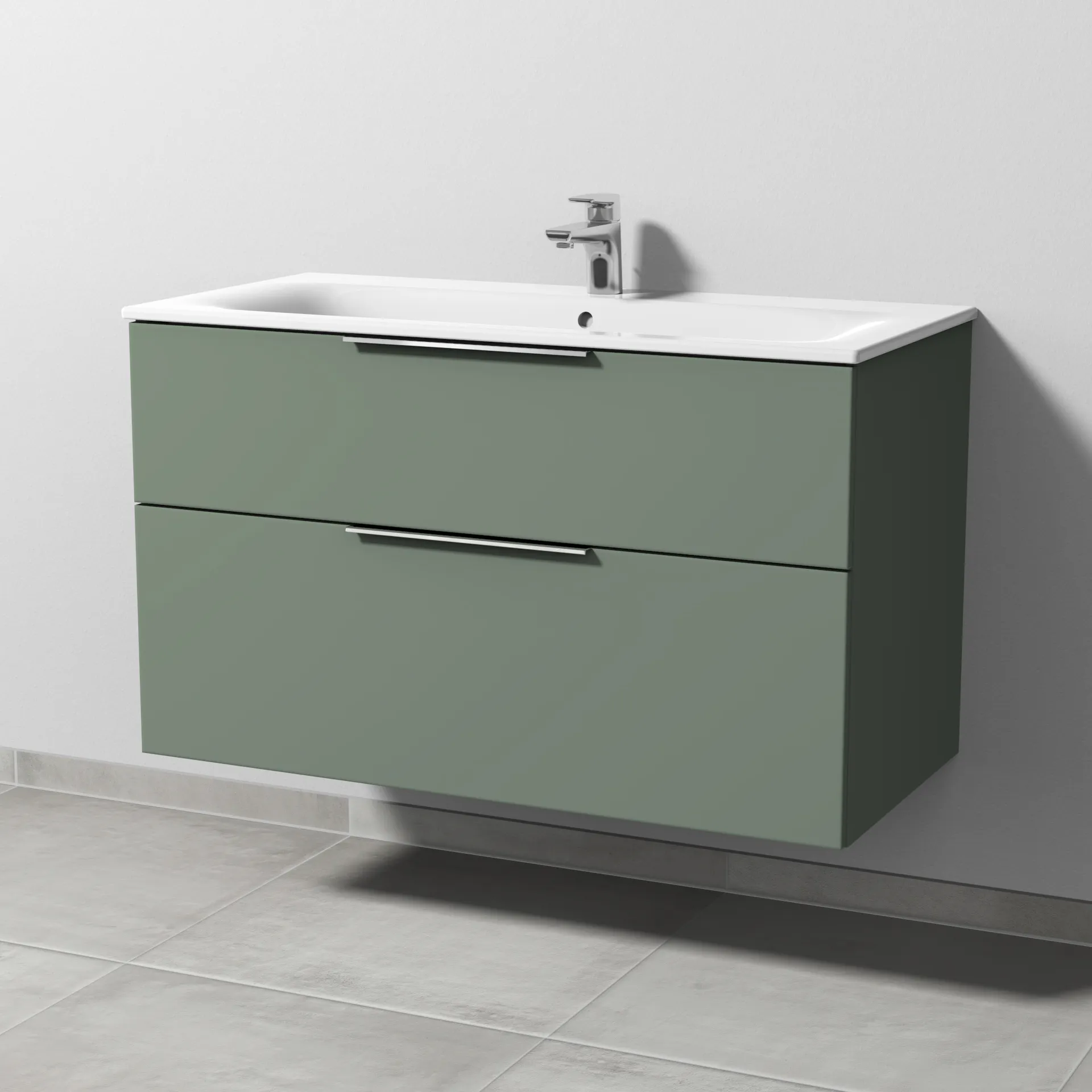 Sanipa Waschtischunterschrank „3way“ passend zu Keramik-Waschtische Renova Plan Slim von Geberit 985 × 582 × 472 mm in Soft-Green