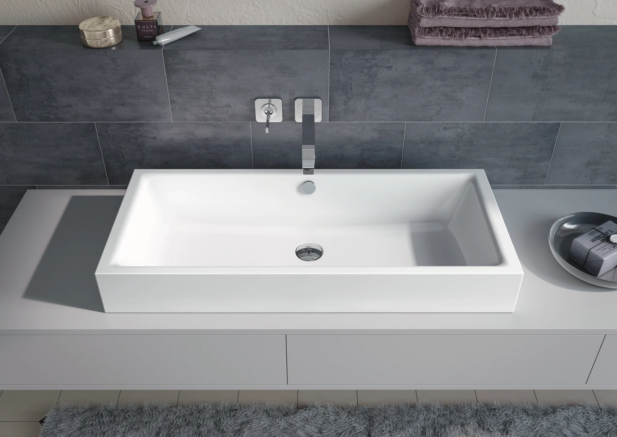 Aufsatzwaschtisch „Puro S“ 90 × 38,5 cm, ohne Hahnlochbohrung in cool grey 30, mit Perl-Effekt Aufsatzwaschtisch „Puro S“ 90 × 38,5 cm, ohne Hahnlochbohrung in cool grey 30, mit Perl-Effekt