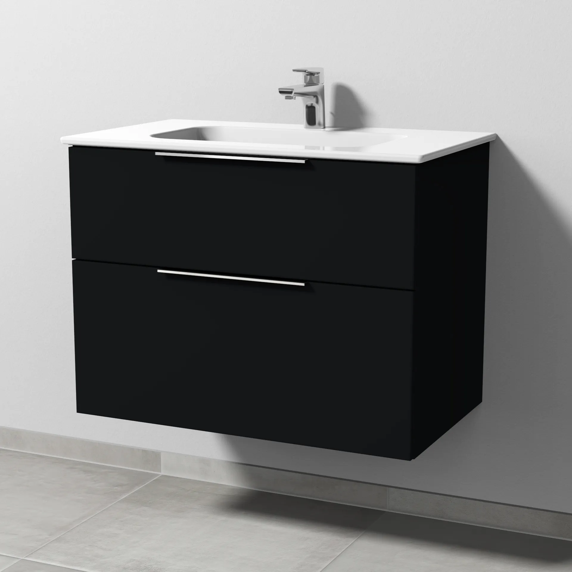 Keramik-Waschtisch-Set mit Waschtischunterschrank „3way“ 77 × 46 × 58,2 cm in Schwarz (matt), mit Hahnlochbohrung, Becken mittig