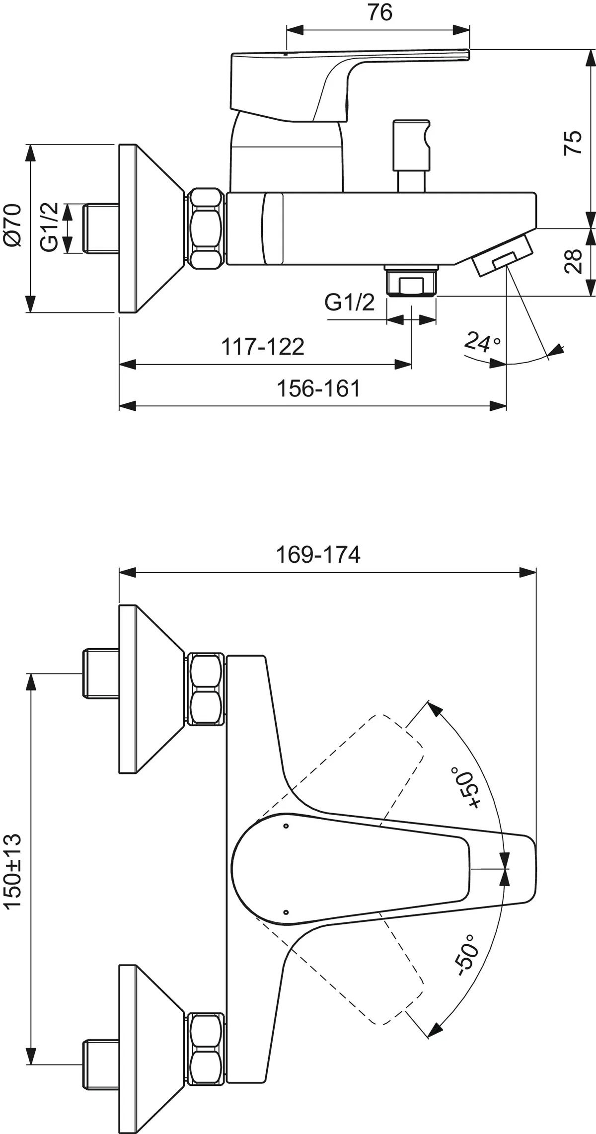 Einhand-Wannenarmatur „CerafineD“ Ausladung 156 mm