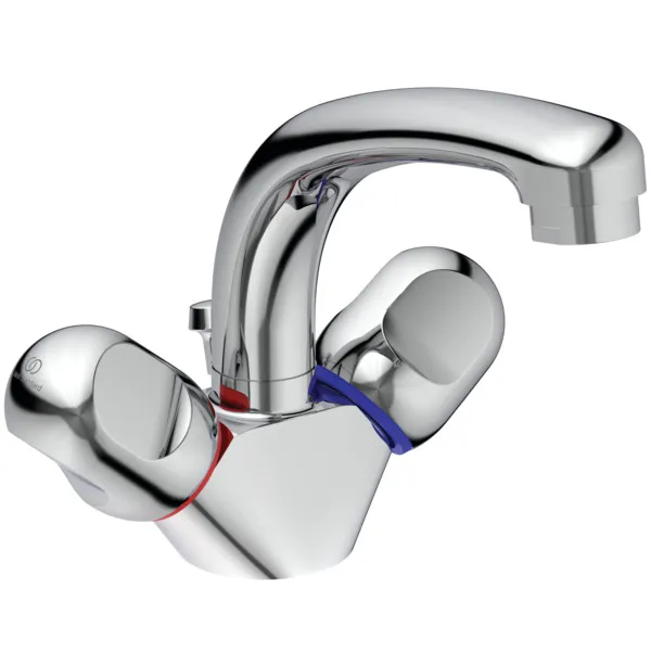 Zweigriff-Waschtischarmatur Alpha, mit Ablaufgarnitur, Ausladung 120mm, Auslaufhöhe 120mm, Chrom Zweigriff-Waschtischarmatur Alpha, mit Ablaufgarnitur, Ausladung 120mm, Auslaufhöhe 120mm, Chrom