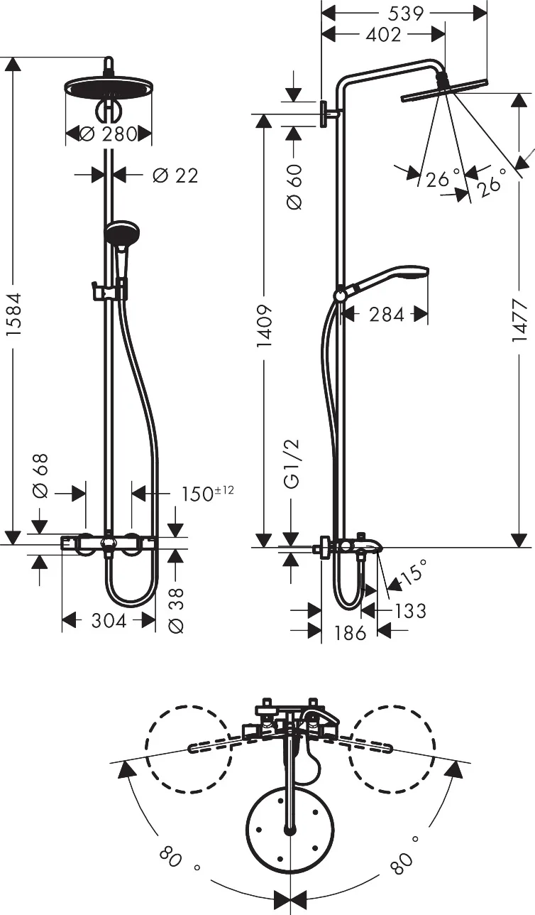 Hansgrohe Croma Select S Showerpipe 280 Wanne, Chrom, 19 l/min Durchfluss, Aufputzinstallation Hansgrohe Croma Select S Showerpipe 280 Wanne, Chrom, 19 l/min Durchfluss, Aufputzinstallation