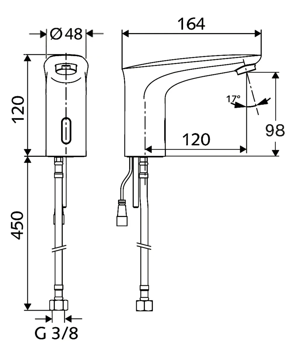 Waschtisch-Armatur MODUS E, Elektronisch, HD-K - Hochdruck Kaltwasser / vorgemischtes Wasser, Infrarot, Steckernetzteil 6 VDC, 100 - 240 VAC, 50 - 60 Hz, G 3/8 IG, chrom