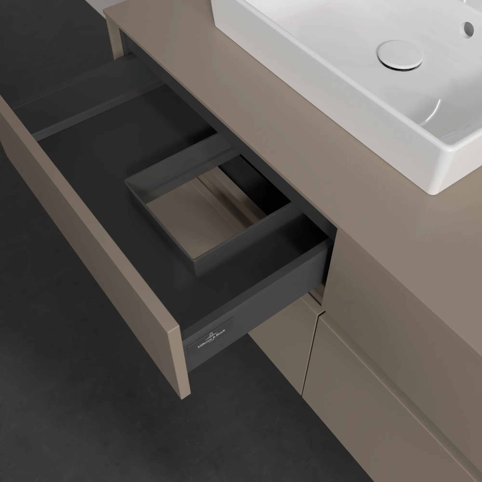 Villeroy & Boch Waschtischunterschrank „Collaro“ 1200 × 548 × 500 mm Taupe, mit Beleuchtung, für Becken links Villeroy & Boch Waschtischunterschrank „Collaro“ 1200 × 548 × 500 mm Taupe, mit Beleuchtung, für Becken links