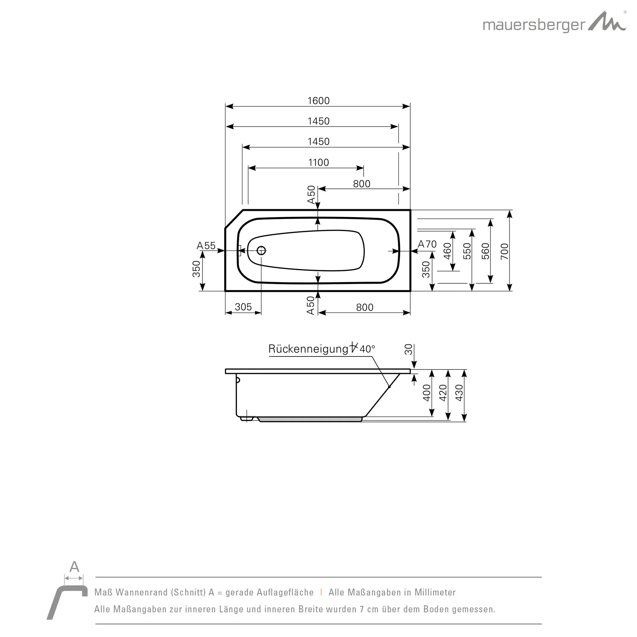 Mauersberger aurea Acryl-Badewanne Kompaktform 160⁄70 FR