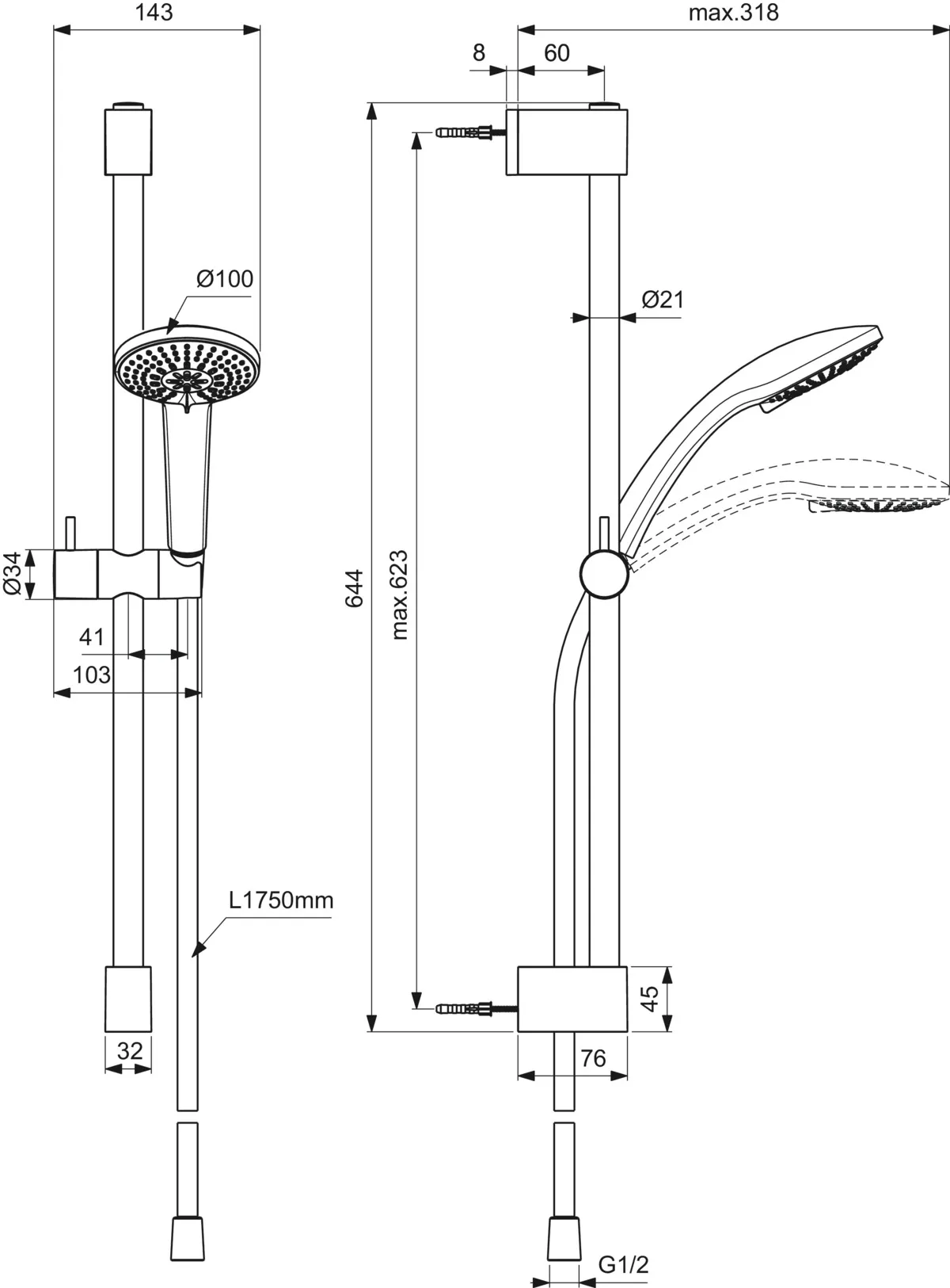 Gleitstangekombination „Idealrain“, Befestigung verdeckt Gleitstangekombination „Idealrain“, Befestigung verdeckt