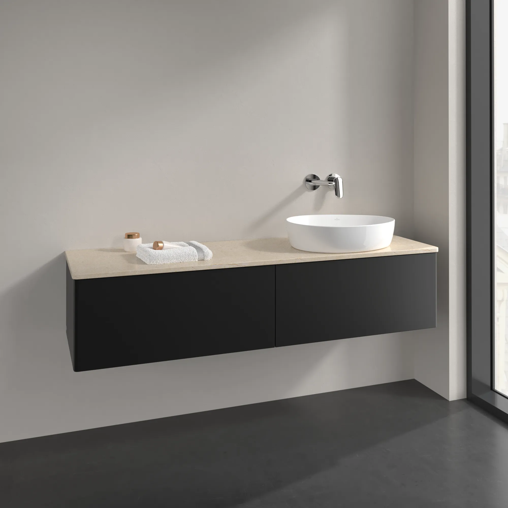 Villeroy & Boch Waschtischunterschrank „Antao“ 1600 × 360 × 500 mm Black Matt Lacquer, für Becken rechts, mit Beleuchtung Villeroy & Boch Waschtischunterschrank „Antao“ 1600 × 360 × 500 mm Black Matt Lacquer, für Becken rechts, mit Beleuchtung