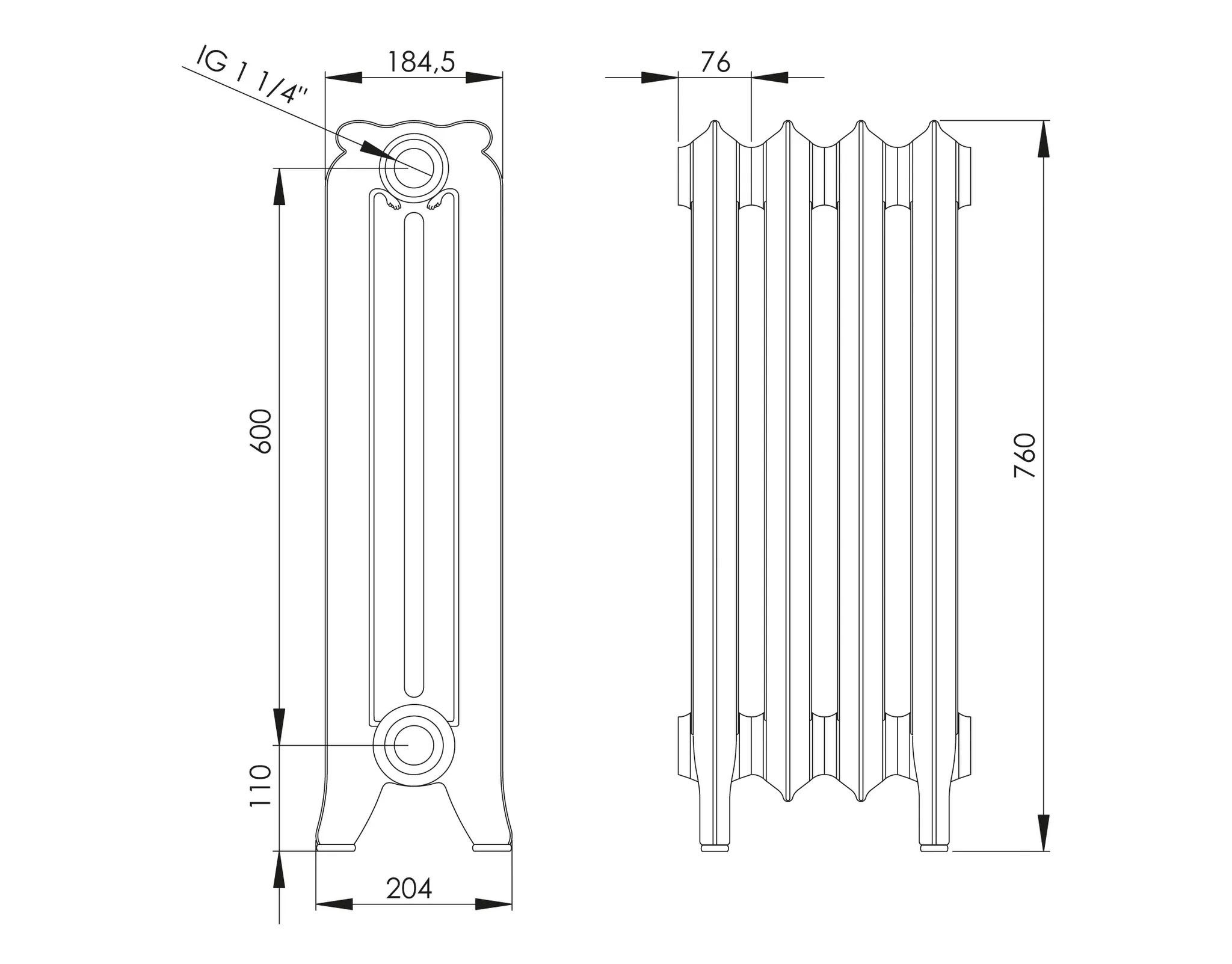 ASW Gussradiator offene Bauweise 25 Glieder Nabenabstand 600 mm „Kopenhagen“ mit Standfüßen 190 × 76 × 18 cm ASW Gussradiator offene Bauweise 25 Glieder Nabenabstand 600 mm „Kopenhagen“ mit Standfüßen 190 × 76 × 18 cm