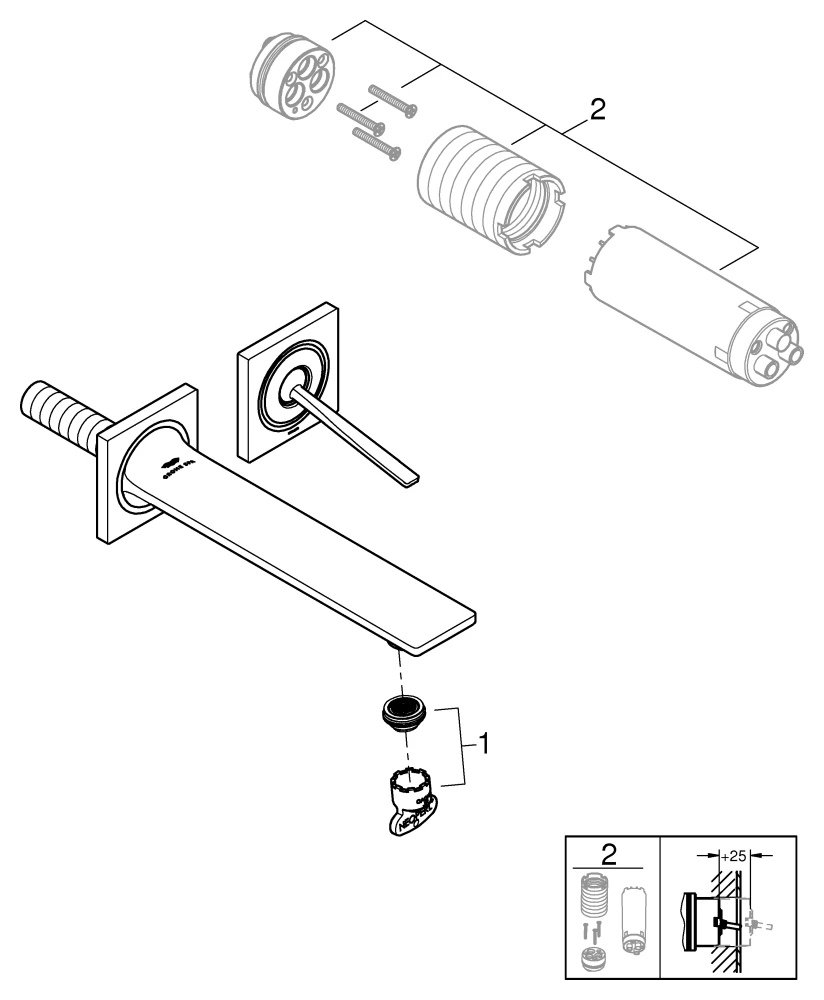 2-Loch-Waschtischbatterie Allure 19386_2, Wandmontage, Fertigmontageset für 23 429, Stichmaß 110 mm, Ausladung 212 mm, chrom