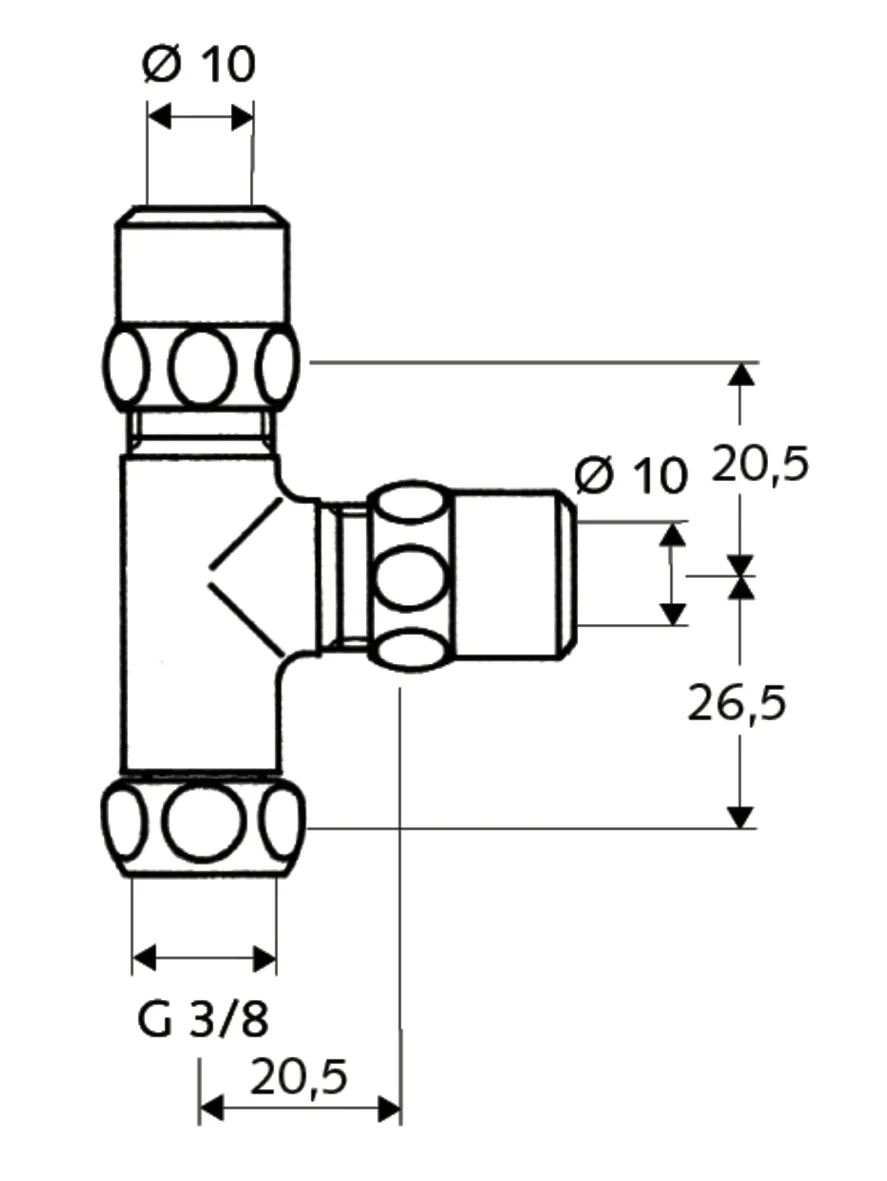 T-Stück, Überwurfmutter G 3/8 IG, 2x Ø 10 mm (DN 10 G 3/8 AG), chrom