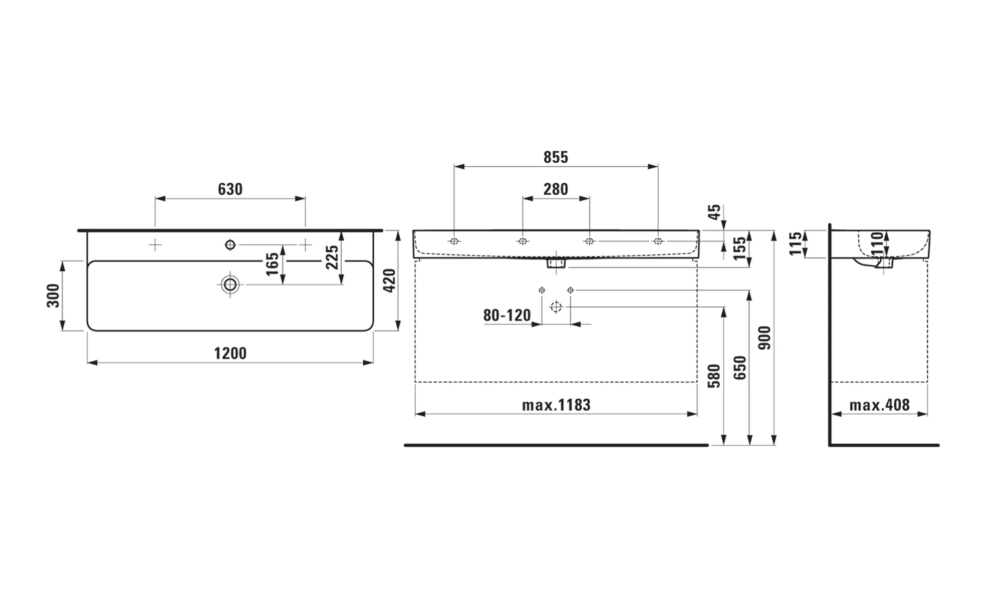 Waschtisch VAL 420x1200x155 1 Hahnloch mit Überlauf weiß Waschtisch VAL 420x1200x155 1 Hahnloch mit Überlauf weiß