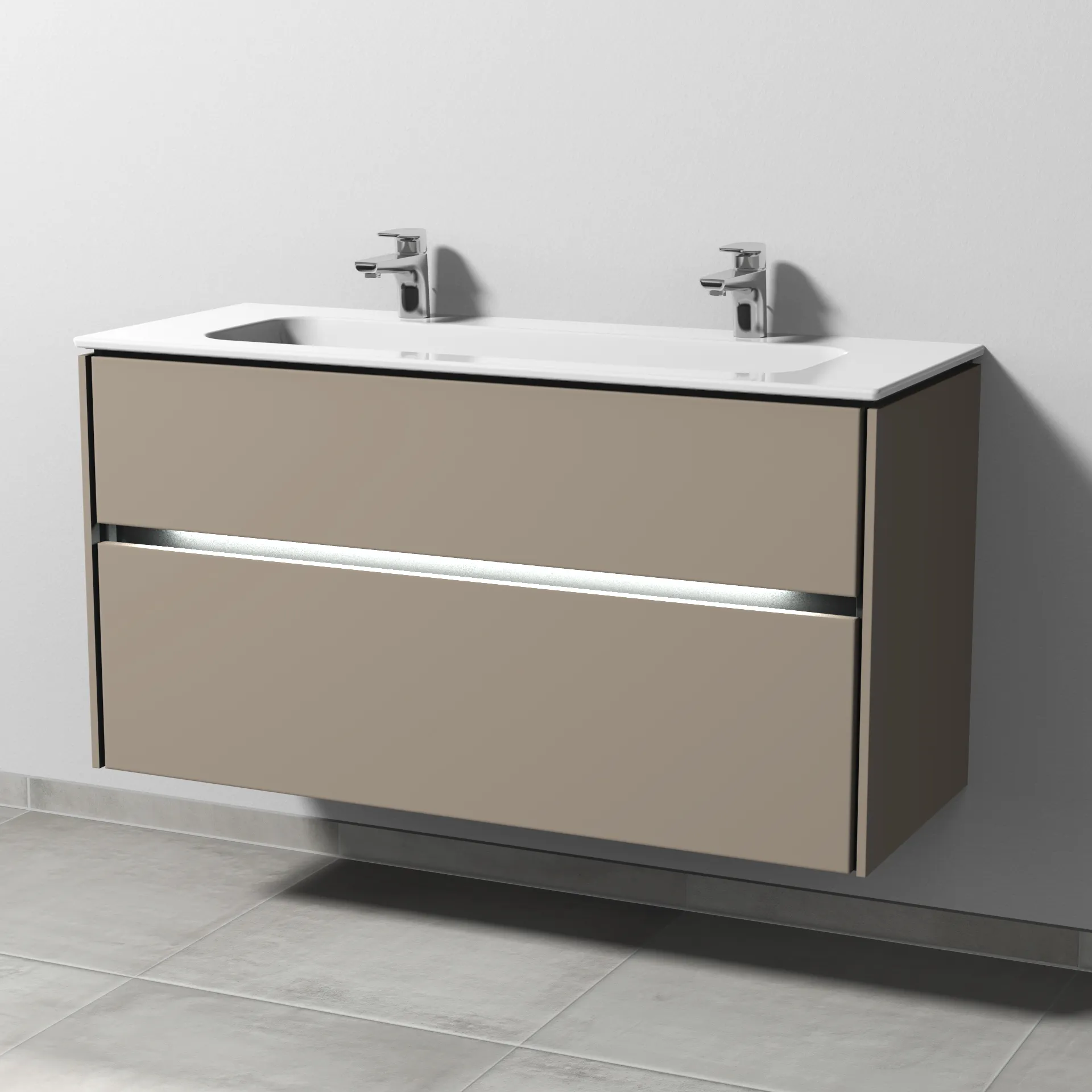 Keramik-Waschtisch-Set mit Waschtischunterschrank „Twiga“ 119 × 46 × 61 cm in Sandgrau (matt), mit Hahnlochbohrung, mit Beleuchtung Keramik-Waschtisch-Set mit Waschtischunterschrank „Twiga“ 119 × 46 × 61 cm in Sandgrau (matt), mit Hahnlochbohrung, mit Beleuchtung