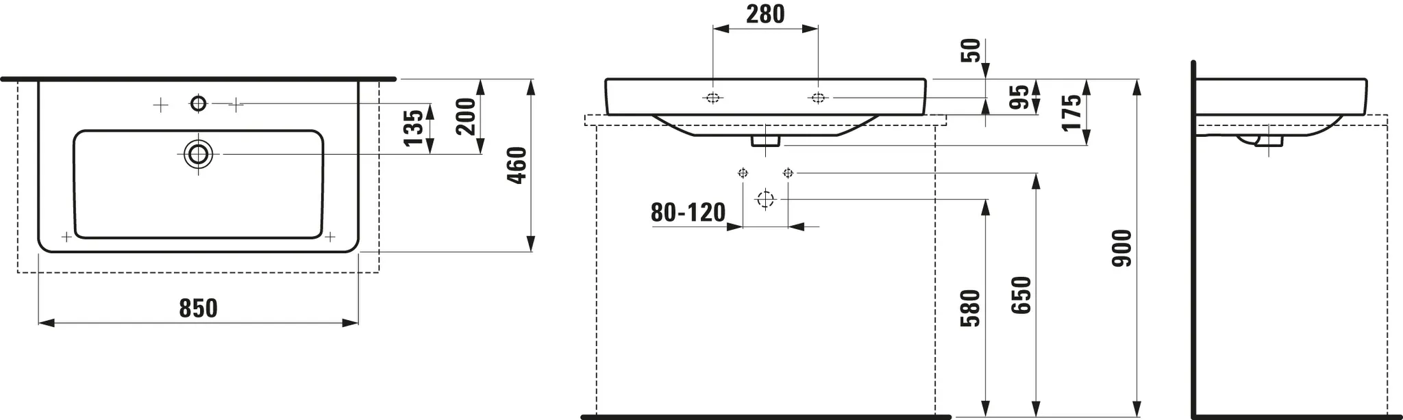 Aufsatzwaschtisch PRO S 460x850x175 1 Hahnloch mit Überlauf weiß