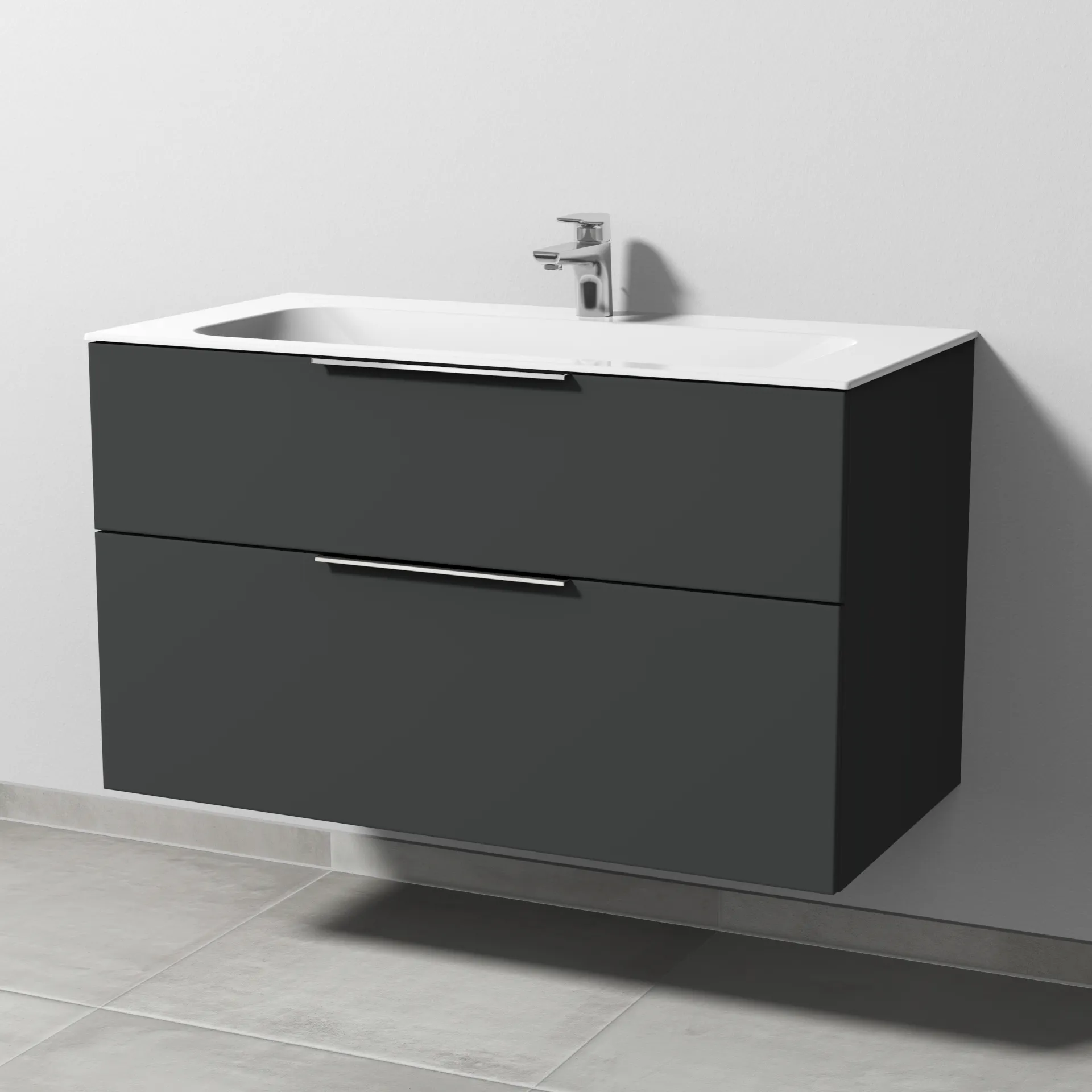 Keramik-Waschtisch-Set mit Waschtischunterschrank „3way“ 99 × 49,7 × 58,2 cm in Graphit (matt), mit Hahnlochbohrung, Becken mittig