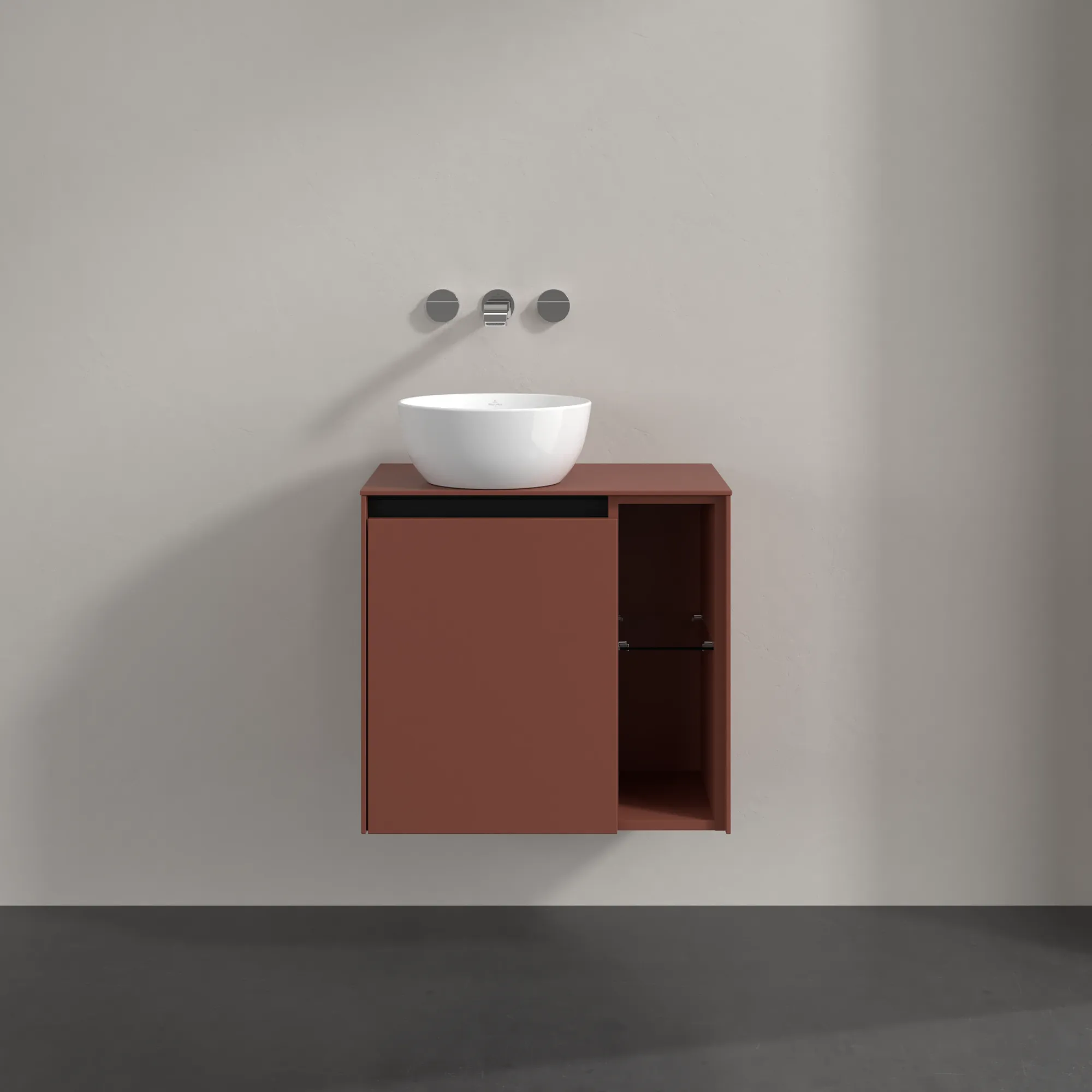 Villeroy & Boch Waschtischunterschrank „Collaro“ 600 × 548 × 380 mm Wine Red, für Becken links, Anschlag links, mit Beleuchtung Villeroy & Boch Waschtischunterschrank „Collaro“ 600 × 548 × 380 mm Wine Red, für Becken links, Anschlag links, mit Beleuchtung