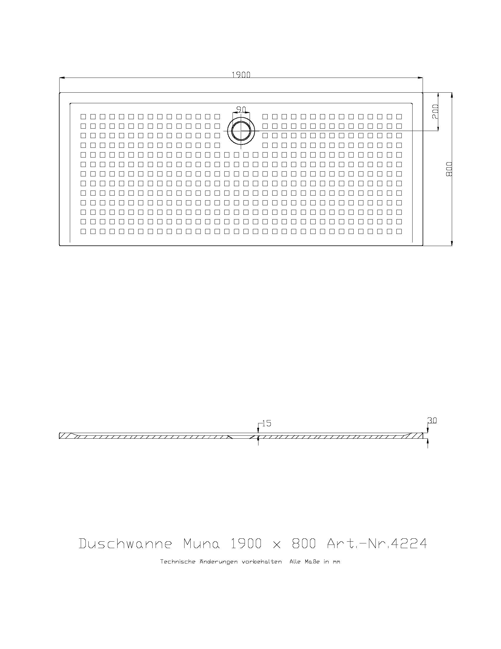 Duschwanne „Muna“ Rechteck 190 × 80 cm in Weiß