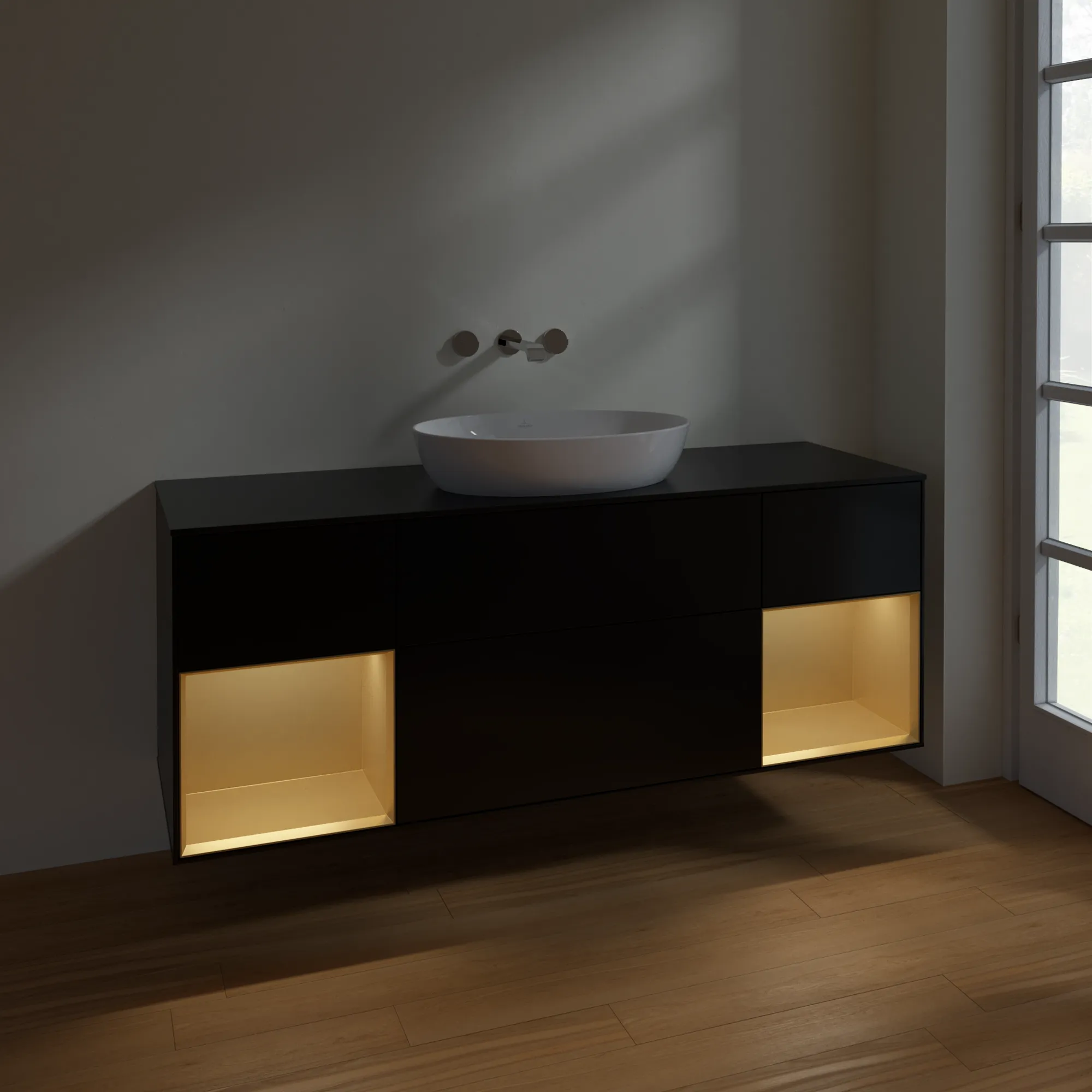 Villeroy & Boch Waschtischunterschrank „Finion“ für Schrankwaschtisch 1600 × 603 × 501 mm Black Matt Lacquer, für Becken mittig, ohne Hahnlochbohrung