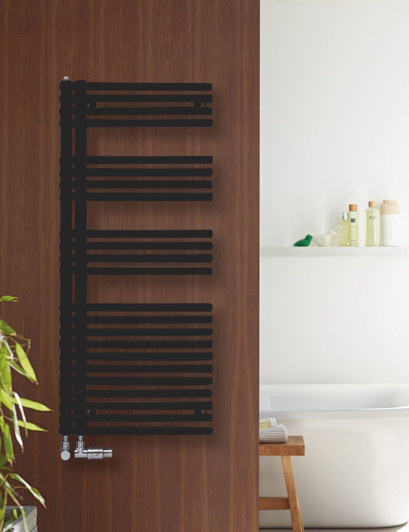 Zehnder Design-Heizkörper „Forma Asym“ für Warmwasser-Zentralheizung oder gemischten Betrieb mit 50 mm-Mittelanschluss 49,6 × 144,1 cm in Volcanic (glänzend)