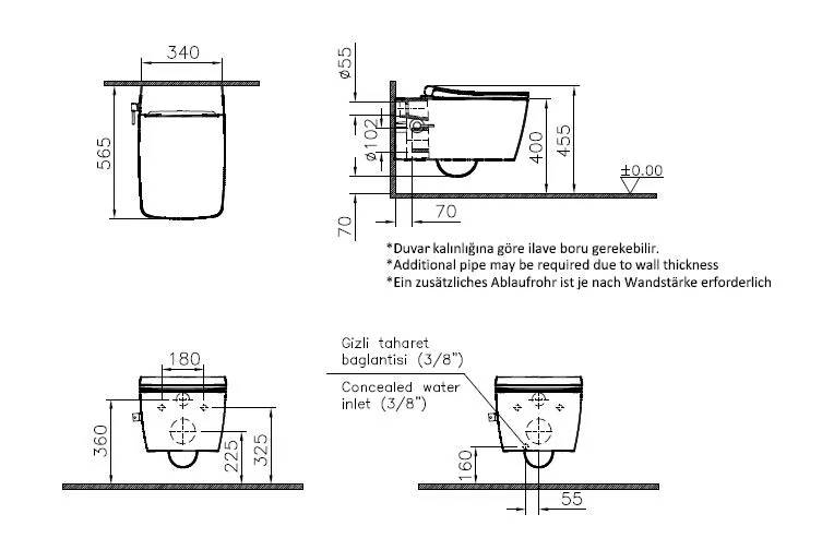 VitrA Aquacare Metropole Wand-WC-Set inklusive WC-Sitz Slim mit Bidetfunktion ohne Spülrand mit integriertem Rohrunterbrecher und seitlicher Thermostat-Armatur 34 x 57 cm Weiß Hochglanz VitrA Aquacare Metropole Wand-WC-Set inklusive WC-Sitz Slim mit Bidetfunktion ohne Spülrand mit integriertem Rohrunterbrecher und seitlicher Thermostat-Armatur 34 x 57 cm Weiß Hochglanz