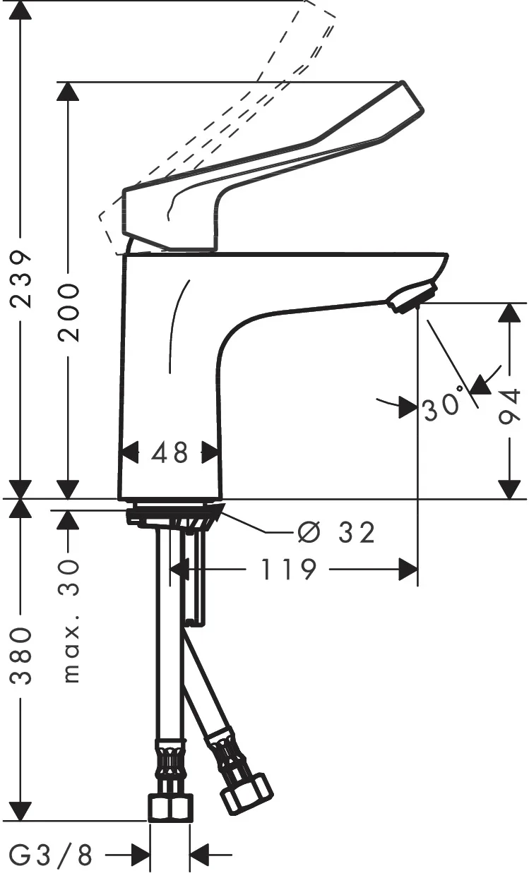 Hansgrohe Waschtischmischer Focus Care 100, Chrom, Ausladung 119 mm, Auslaufhöhe 94 mm, extra langer Comfortgriff 12,1 cm, Hebelgriff, Laminarstrahl, max. Durchflussmenge 5 l/min bei 3 bar, Keramikmischsystem, einstellbare Temperaturbegrenzung, für Durch