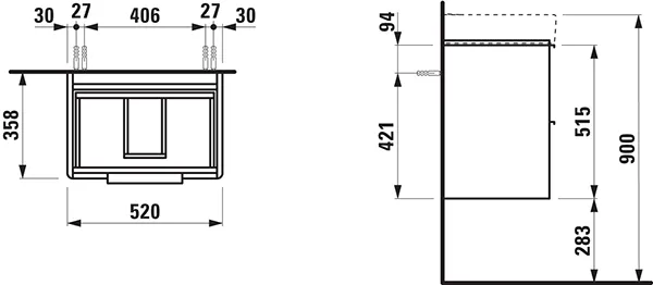 Waschtischunterbau BASE für PRO S 358x520x515 2 Schubladen mit Griff aluminium eloxiert für Waschtisch H818958 weiß matt