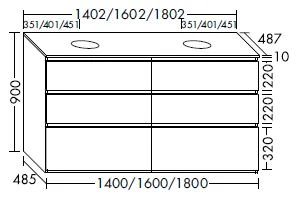Waschtischunterschrank, Konsolenplatte;inkl. 2 Beckenausschnitte;Waschtischunterschrank;2 Schubladen oben, 350 mm tief, mit Siphonausschnitt und Inneneinteilung;2 Schubladen mittig, 350 mm tief;2 Auszüge unten, 350 mm tief, Tiefe: 487 mm, Breite: 1802 mm