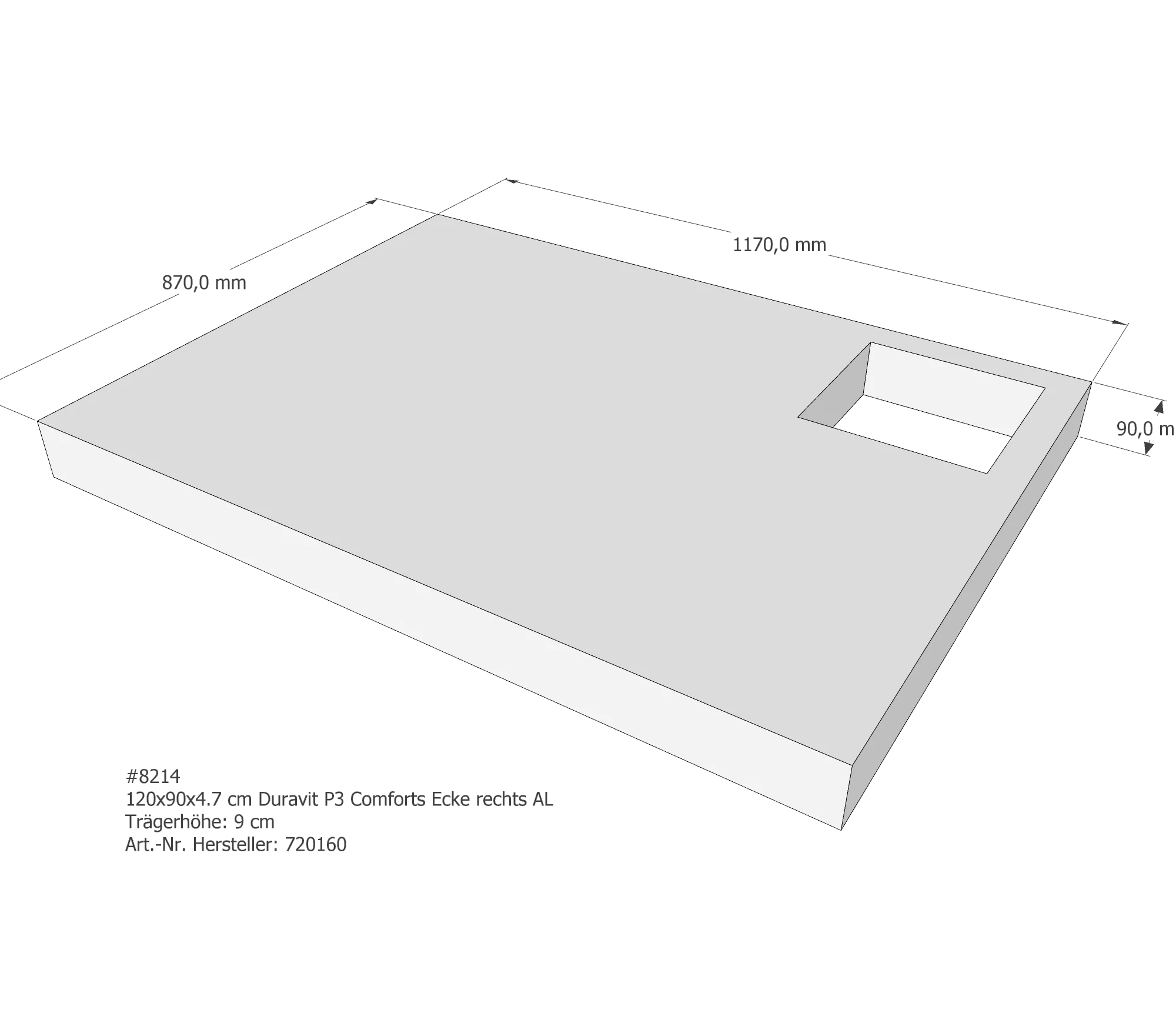 Duschwannenträger passend für Duravit P3 Comforts rechts 120 × 90 × 4,7 cm