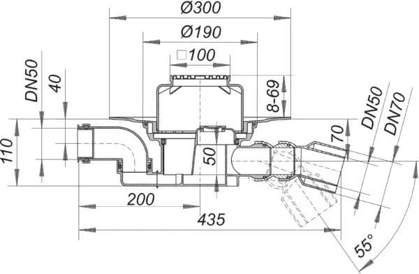 Bodenablauf 55 E, DN 50/DN 70, 100 x 100 mm