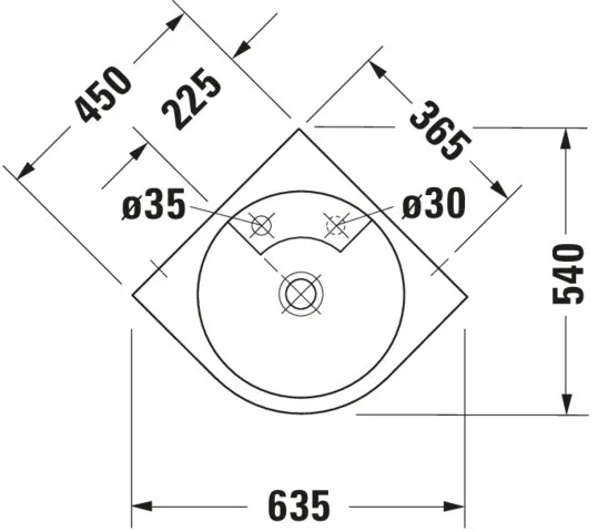 Eck-Waschtisch Architec 635 mm ohneÜL,m.HLB,HL li.,HL-Vst.re.,weiß