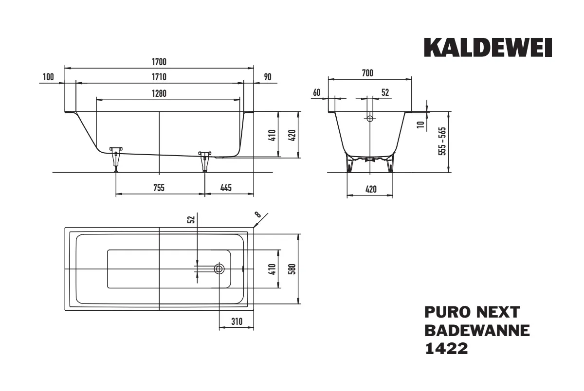 Kaldewei Badewanne „Puro Next“ rechteck 1700 × 700 mm in alpinweiß
