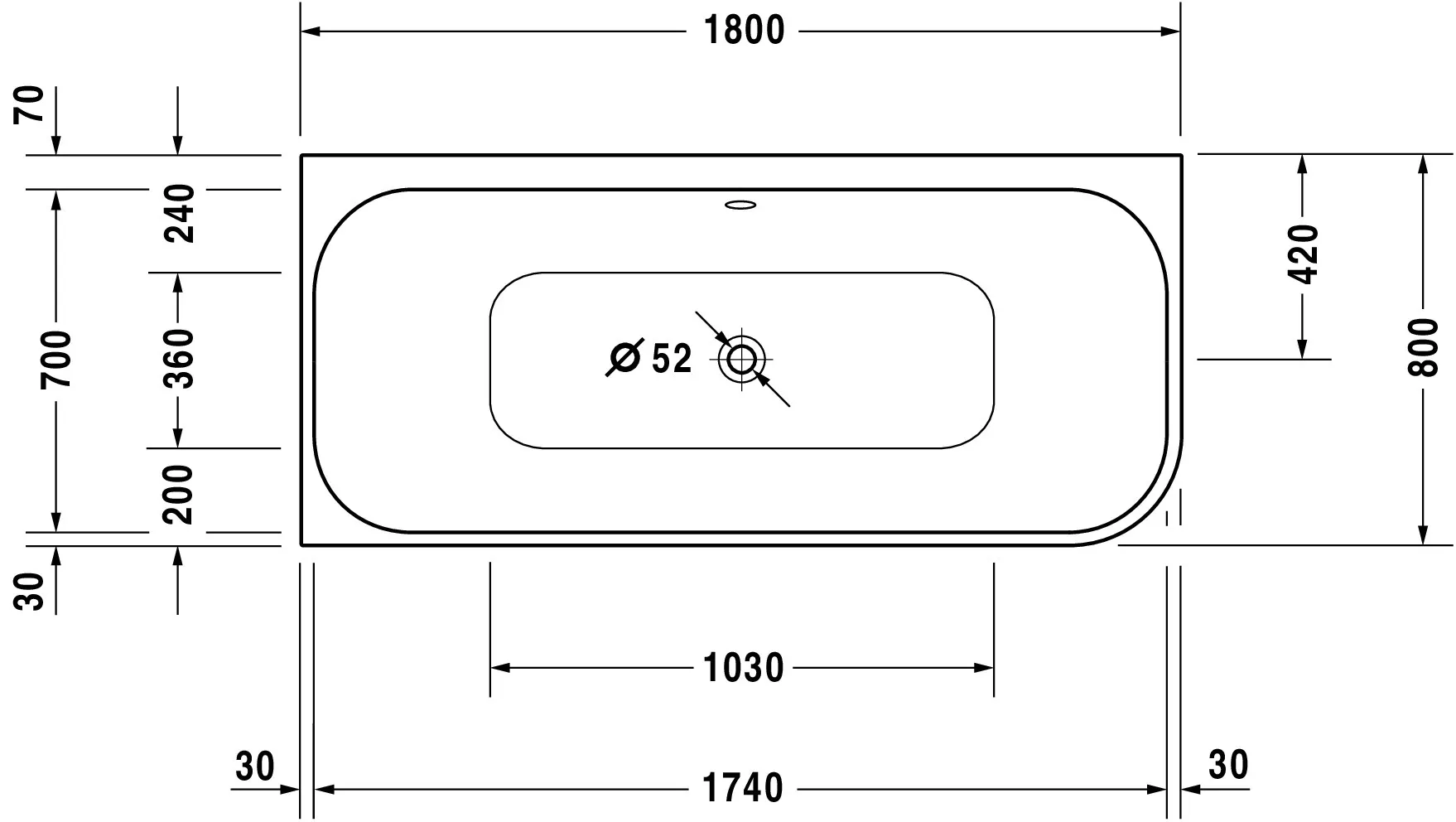 Duravit Badewanne „Happy D.2“ vorwand rechteck 180 × 80 cm, links