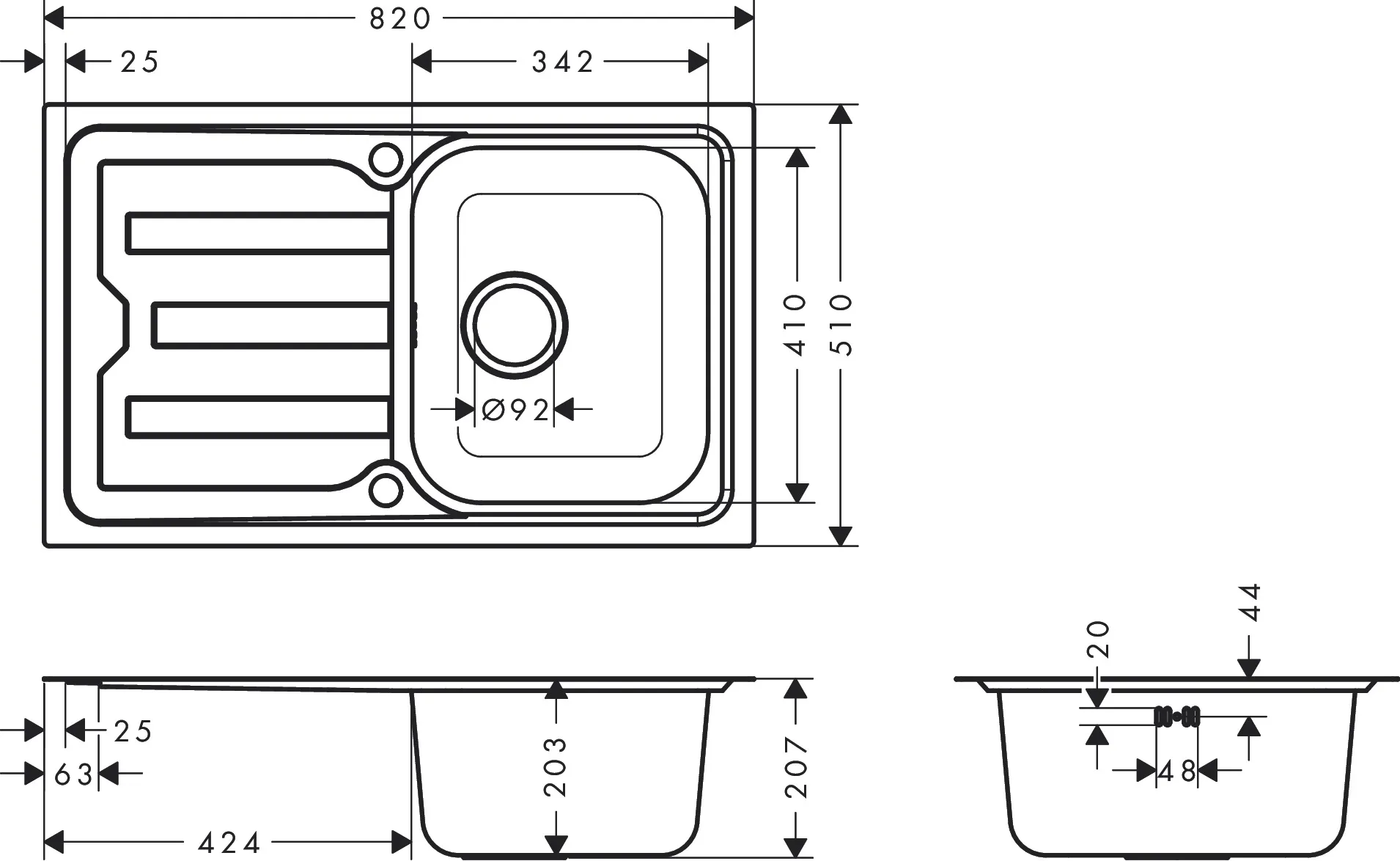 Hansgrohe S44 Spülen Edelstahl 342 mit automatischer Ablaufgarnitur Hansgrohe S44 Spülen Edelstahl 342 mit automatischer Ablaufgarnitur