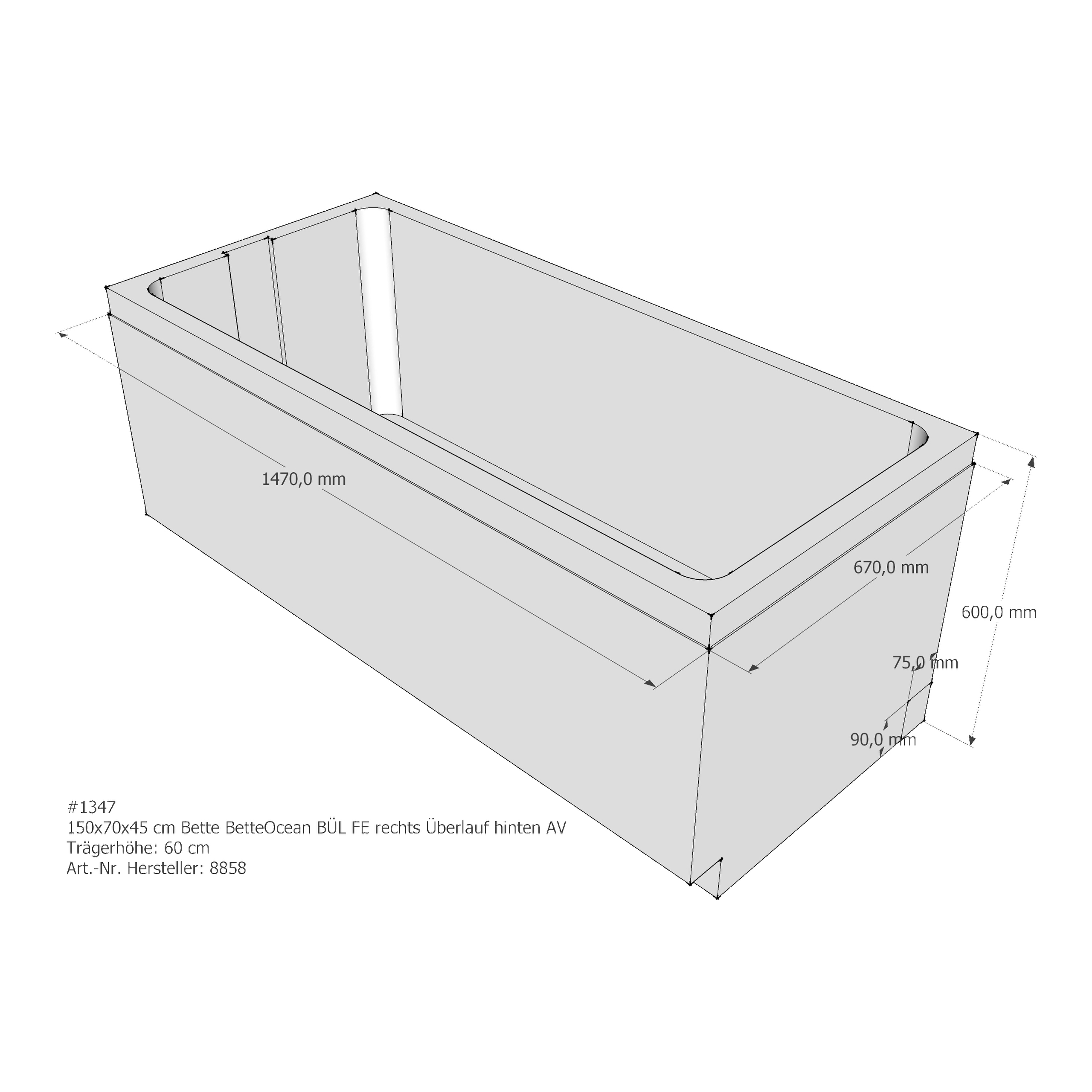 Badewannenträger für Bette Ocean 150 × 70 × 45 cm Ab- und Überlaufposition: hinten Badewannenträger für Bette Ocean 150 × 70 × 45 cm Ab- und Überlaufposition: hinten