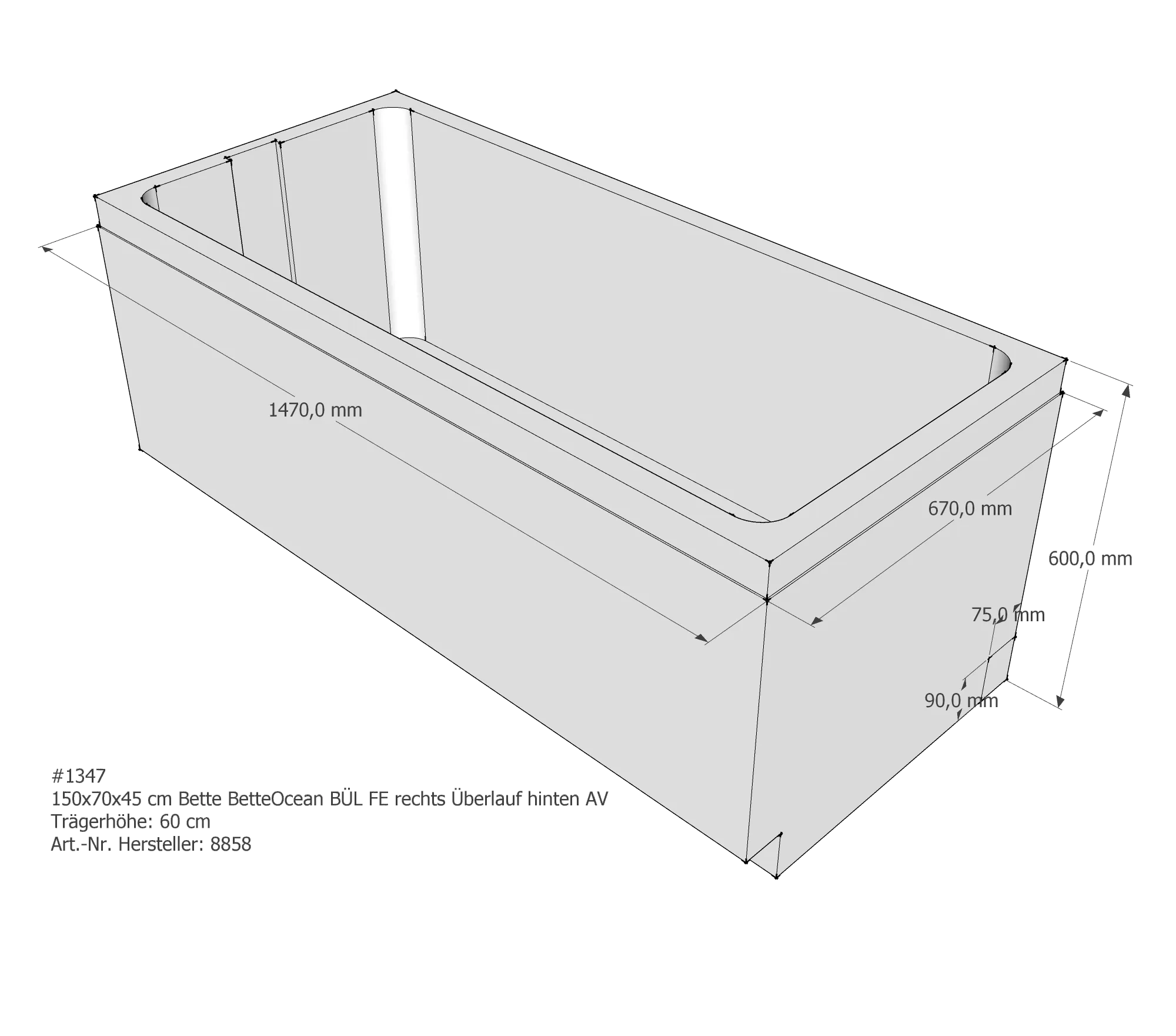 Badewannenträger für Bette Ocean 150 × 70 × 45 cm Ab- und Überlaufposition: hinten Badewannenträger für Bette Ocean 150 × 70 × 45 cm Ab- und Überlaufposition: hinten
