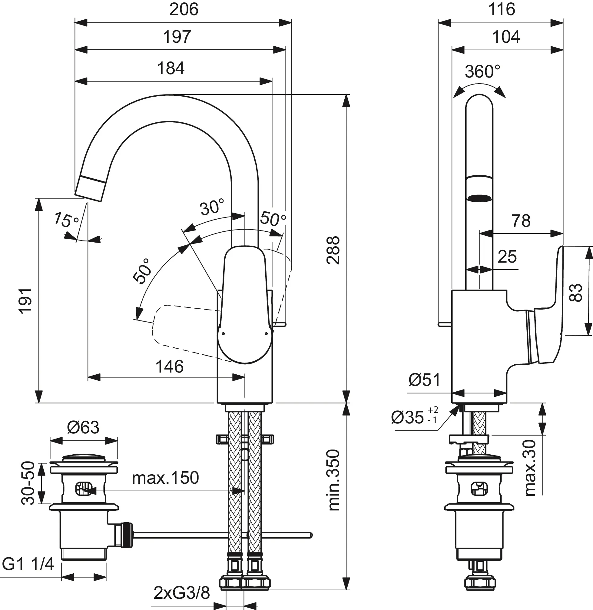 Waschtischarmatur Ceraflex, mit hohem Auslauf, mit Ablaufgarnitur, Ausladung 146mm, Chrom