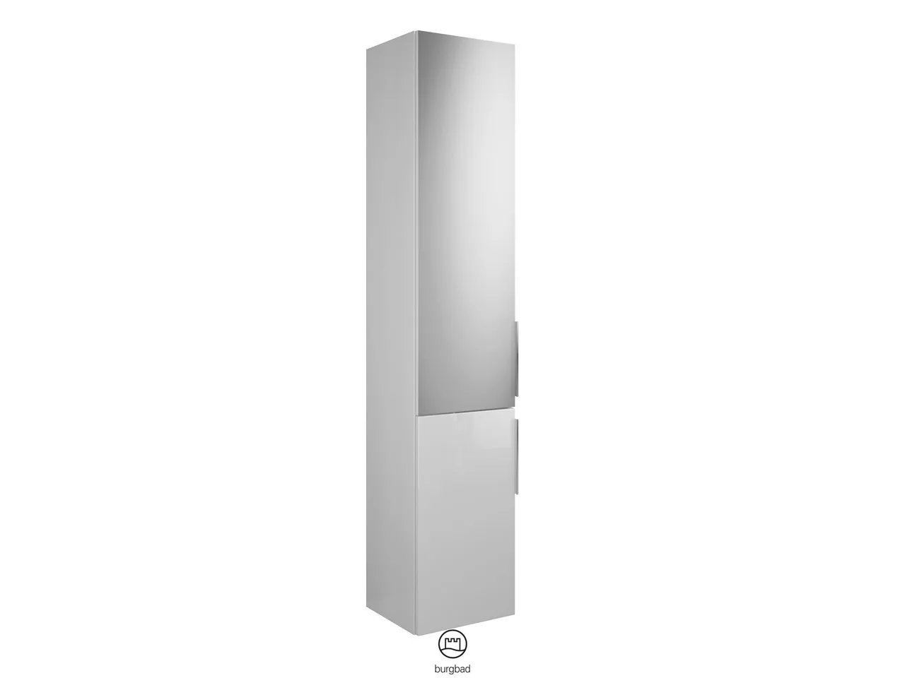 Hochschrank, 1 Tür oben, anthrazitgrau, außen verspiegelt;1 Tür unten;4 Glaseinlegeböden;1 fester Boden, Tiefe: 320 mm, Breite: 350 mm, Höhe: 1760 mm