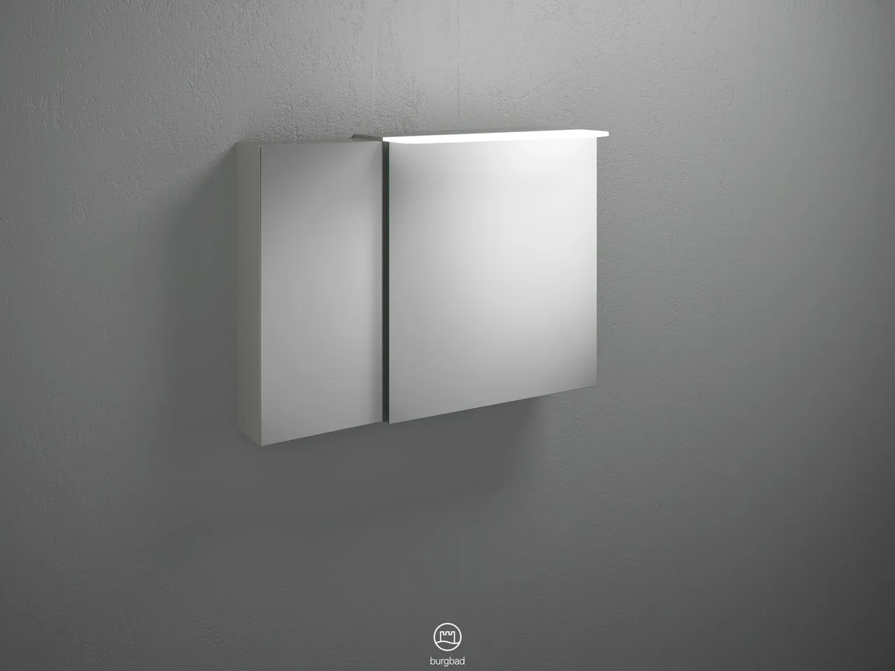 Spiegelschrank Badu von burgbad - 900 mm breit, 310 mm tief, 665 mm hoch mit LED-Aufsatzleuchte und beidseitig verspiegelten Spiegeltüren