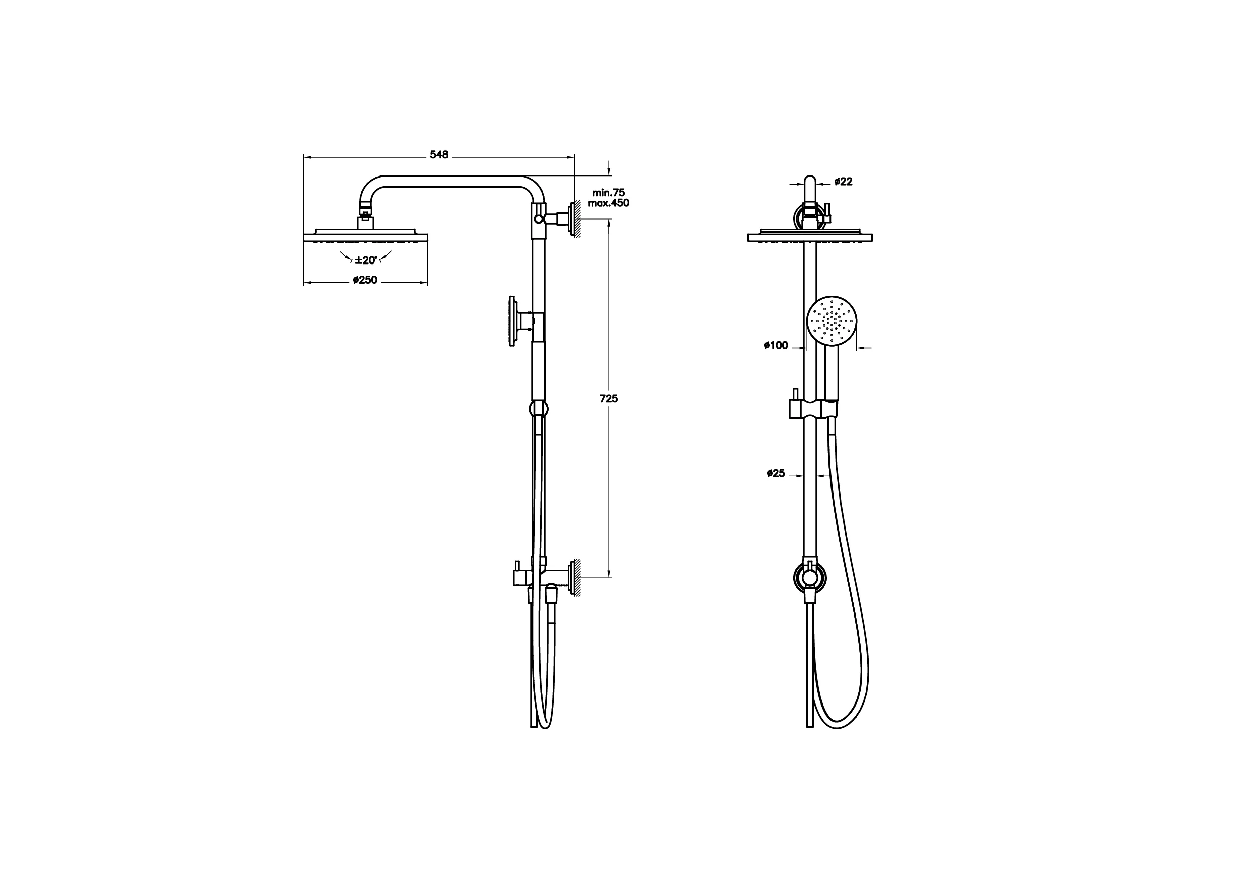 VitrA Origin Classic Duschsystem Chrom - Wandmontage mit Kopf- und Handbrause, Bohrlochabstand 725 mm, höhenverstellbar, Anti-Kalk Funktion Easy Clean