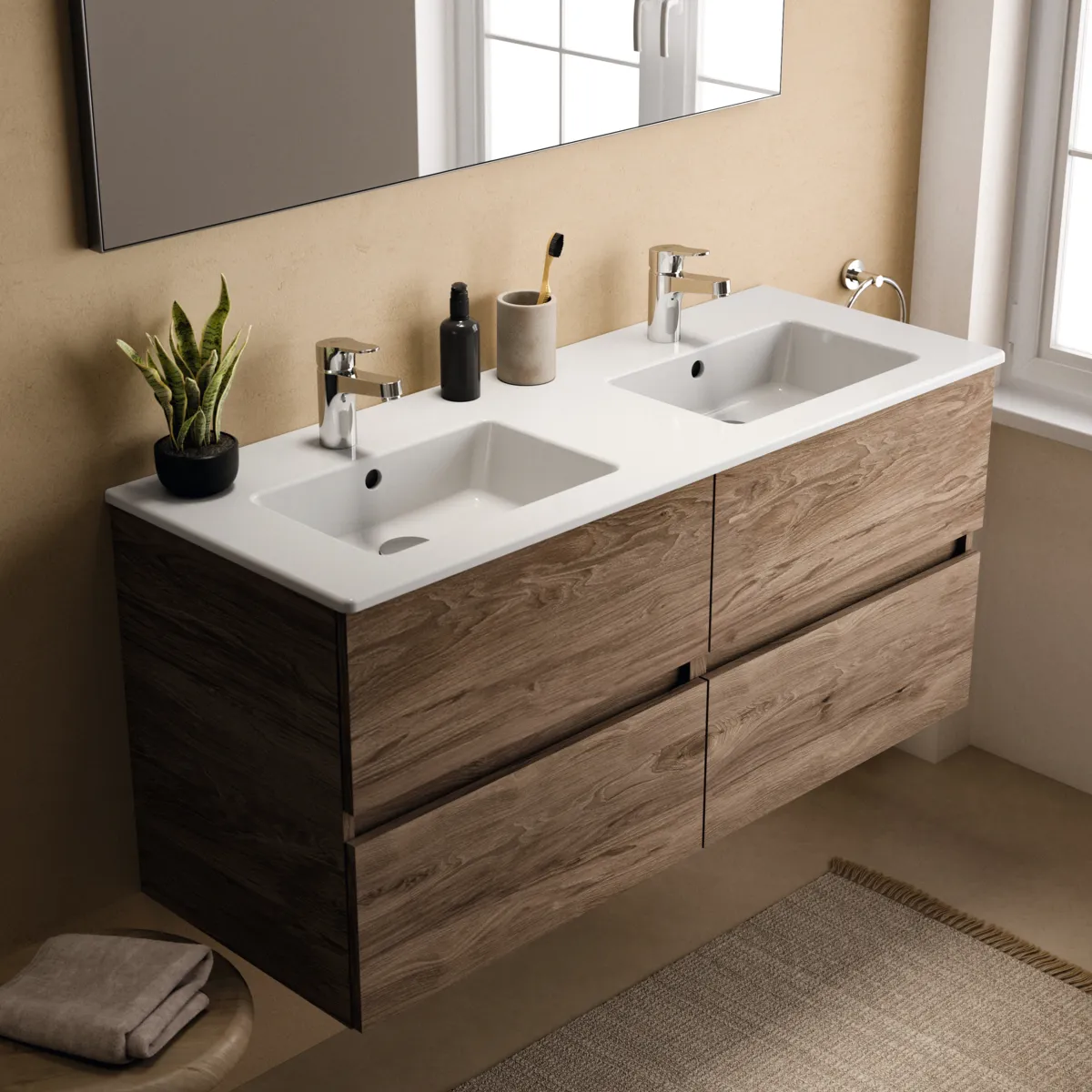 Ideal Standard Waschtischunterschrank „Eurovit+“ 120 × 55 × 44 cm Nussbaum geflammt Ideal Standard Waschtischunterschrank „Eurovit+“ 120 × 55 × 44 cm Nussbaum geflammt