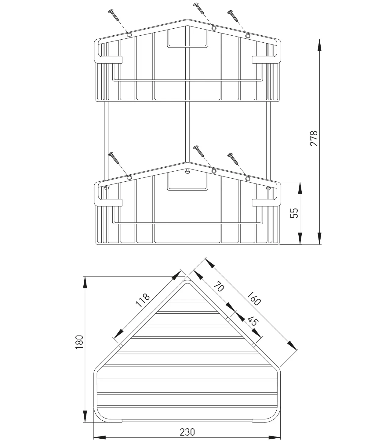ASW Eck-Korb, Befestigung sichtbar 230 × 280 × 170 mm