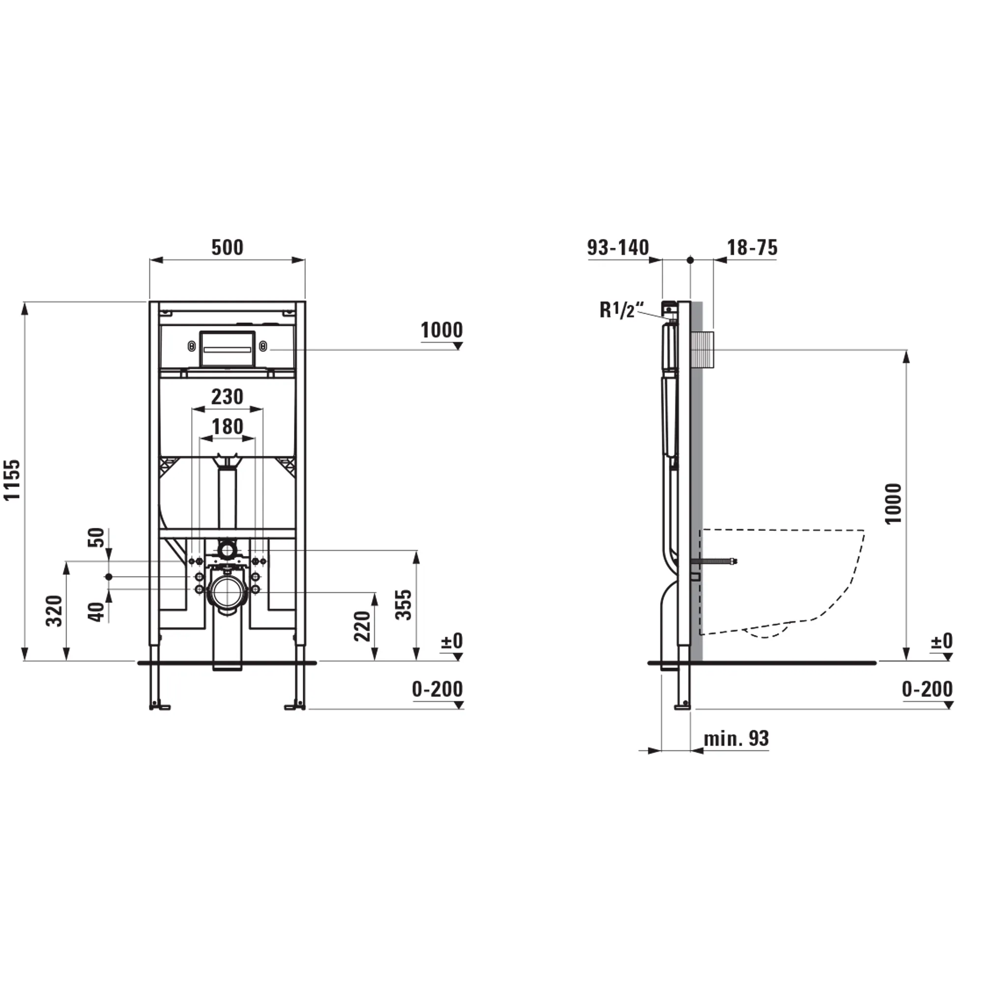 Installationselement INEOLINK, slim, mit Spülkasten für Wand-WC und Dusch-WC, Bauhöhe 1155 mm, Stahlrahmen, Füsse höhenverstellbar und drehbar, Spülkasten für Frontbetätigung, mit Dual-Flush 2-Mengen-Spülsystem