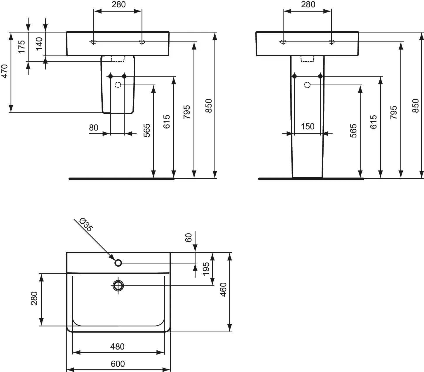 Ideal Standard Waschtisch Connect Cube, 1 Hahnloch, 600x460x175 mm, weiß