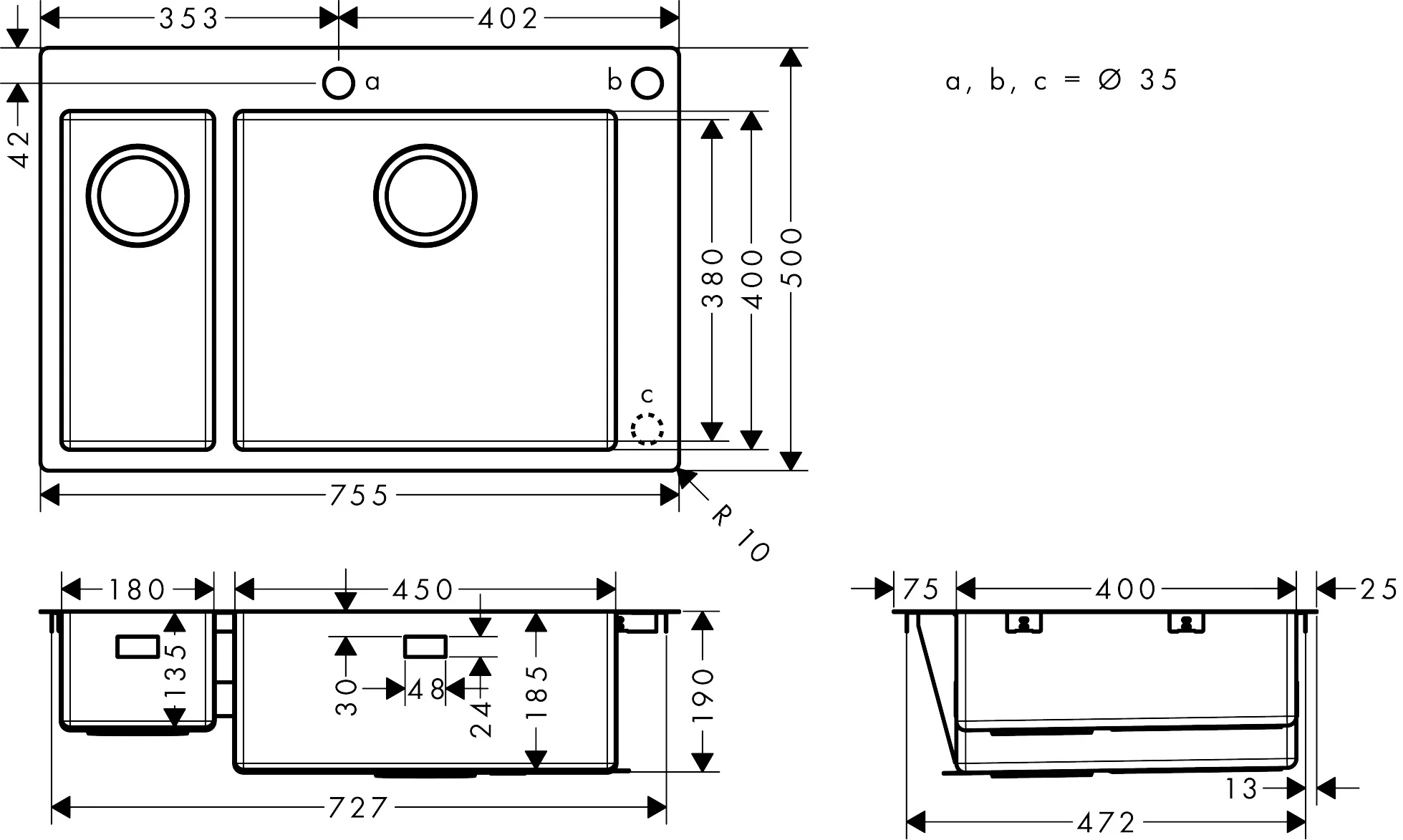 Hansgrohe Einbauspüle S71 Edelstahl, 180x450 mm, 1 Hauptbecken + Zusatzbecken, flach aufliegend oder flächenbündig