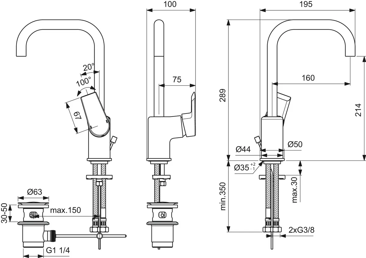 Waschtischarmatur Tesi, mit hohem Auslauf, 5 l/min., mit Ablaufgarnitur, Ausladung 160mm, Chrom